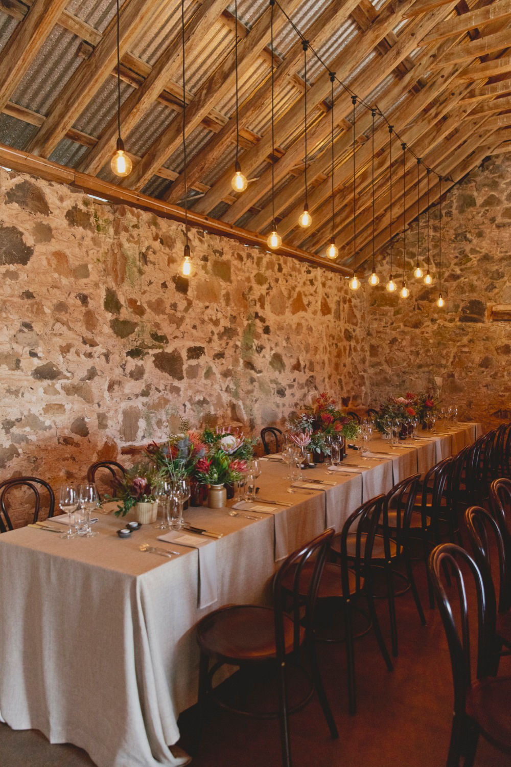  Barn at Highfield House Stanley. Tables dressed with Di Simmons linen 