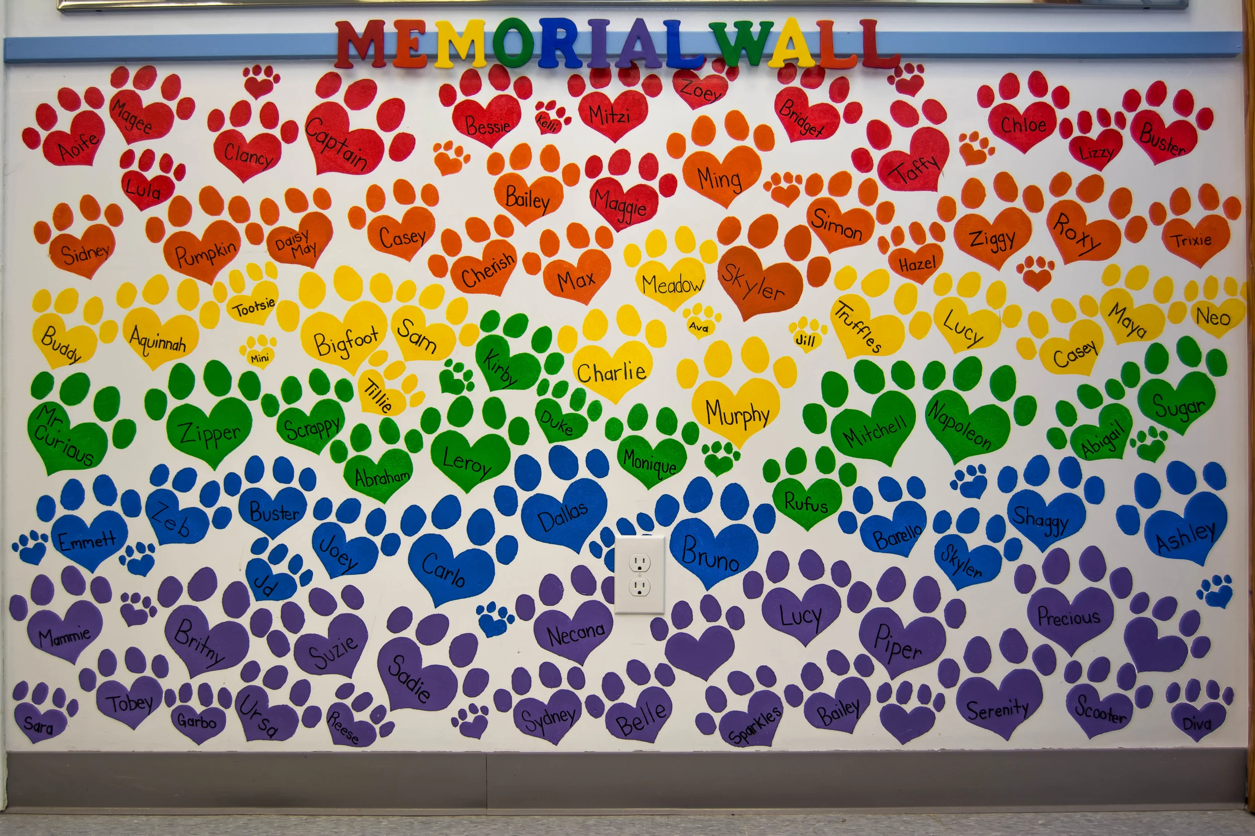 Memorial Wall of all the dogs that have crossed over to the Rainbow Bridge