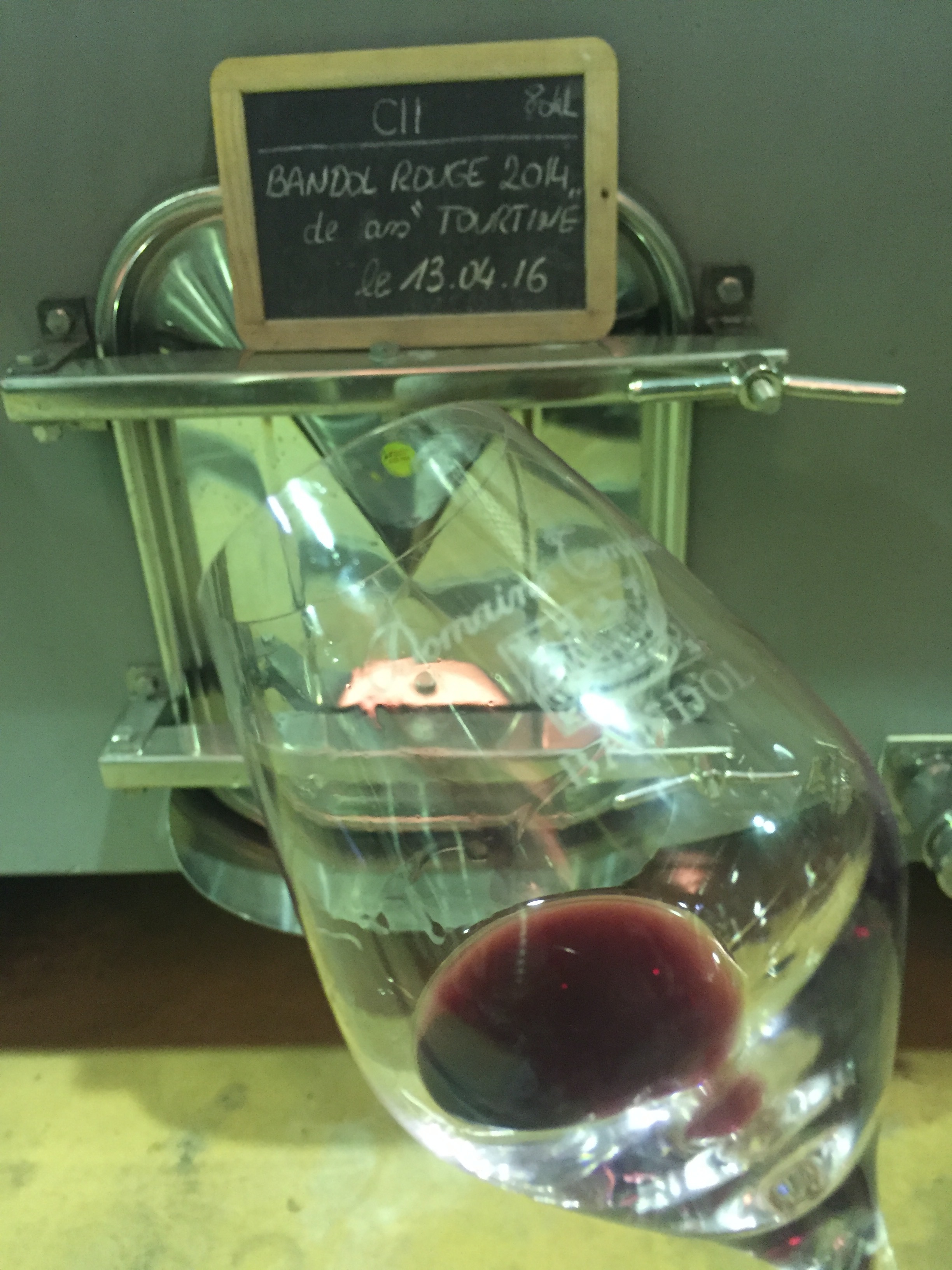Tank tasting of 2014 Bandol Rouge "Tourtin", one of their 3 single vineyard reds.