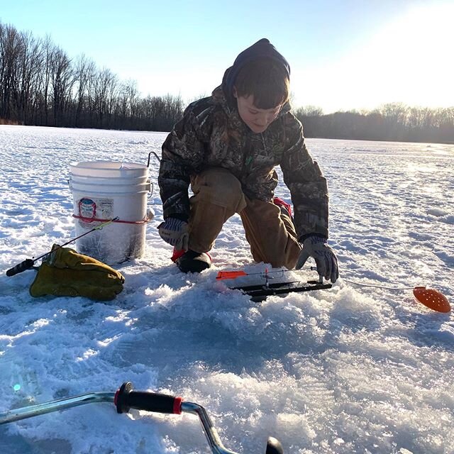 Good times learning how to run tip ups and Jakes first bluegill through the ice. @fly_ficionado 
#flyfactor #icefishing #pike #tipup #kidswhofish