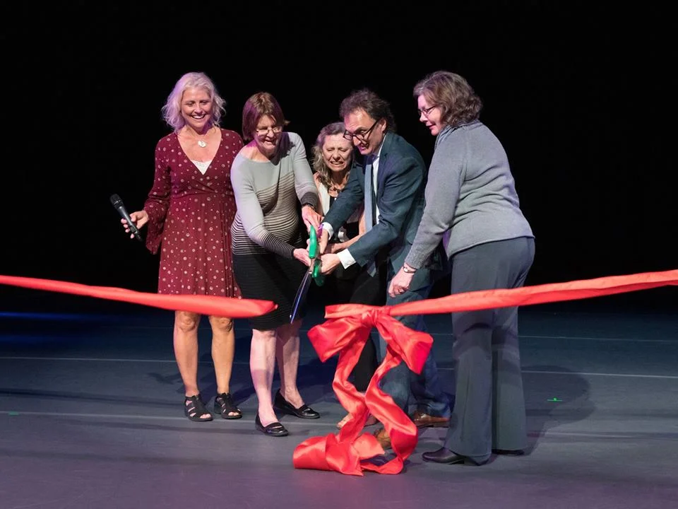 First we cut the ribbon, remember? Thanks to Mayor Tisdahl for bringing her massive industrial-grade scissors. (L-R Liz Kidera, Mayor Elizabeth Tisdahl, Béa Rashid, Steve Rashid, Elaine Kemna-Irish
