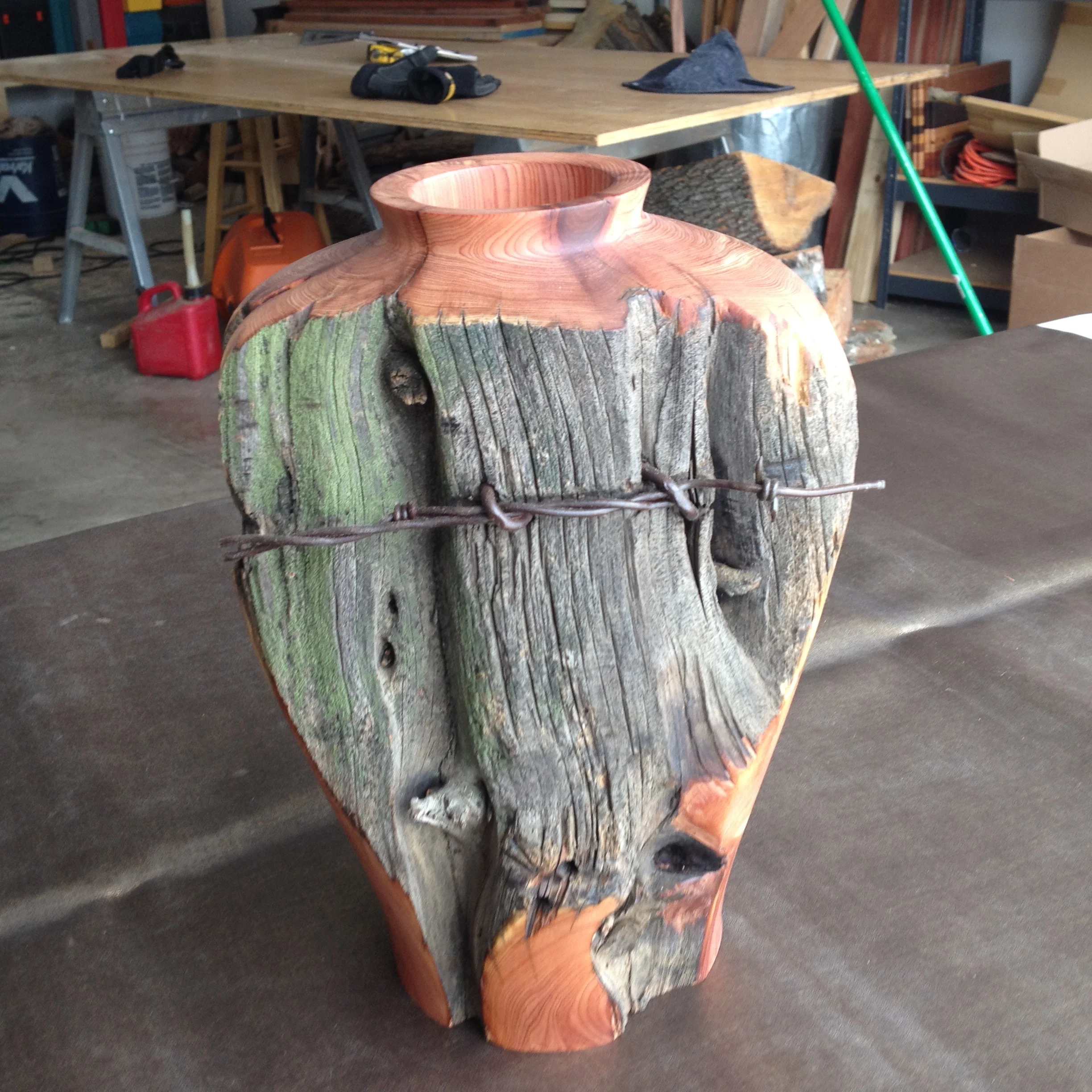 Juniper Fence Post Vase with Barb Wire