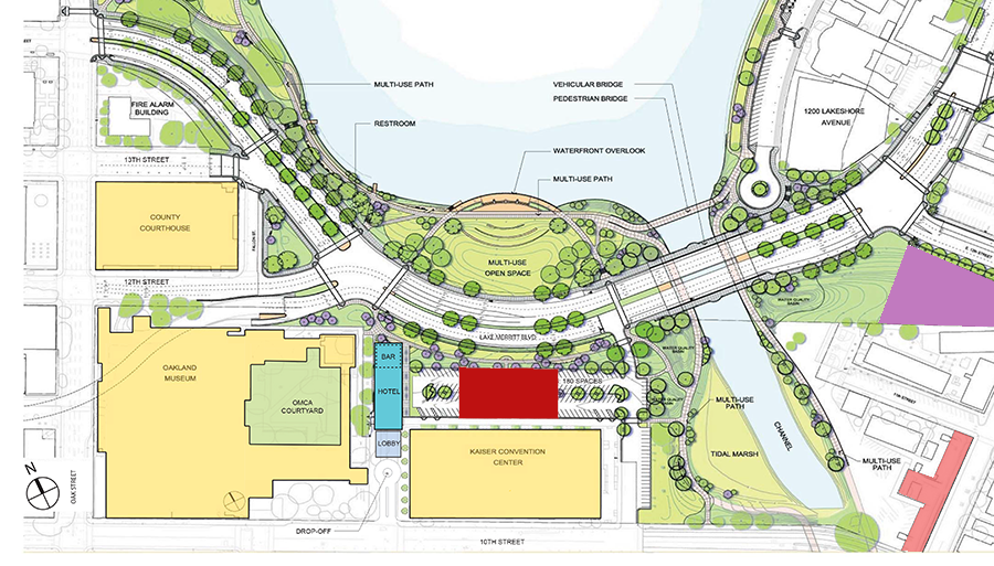 One Lake Merritt Hotel site shown in blue; Aborted cathedral development site in red; School administration site not considered shown in pink; Approved 24-story residential tower shown in purple