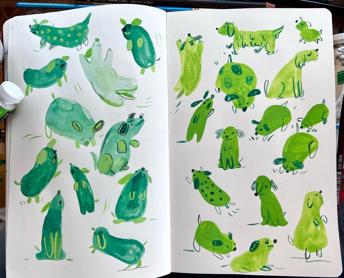 Green gouache dogs. (Not quite a tongue-twister but an odd mouthful anyway)