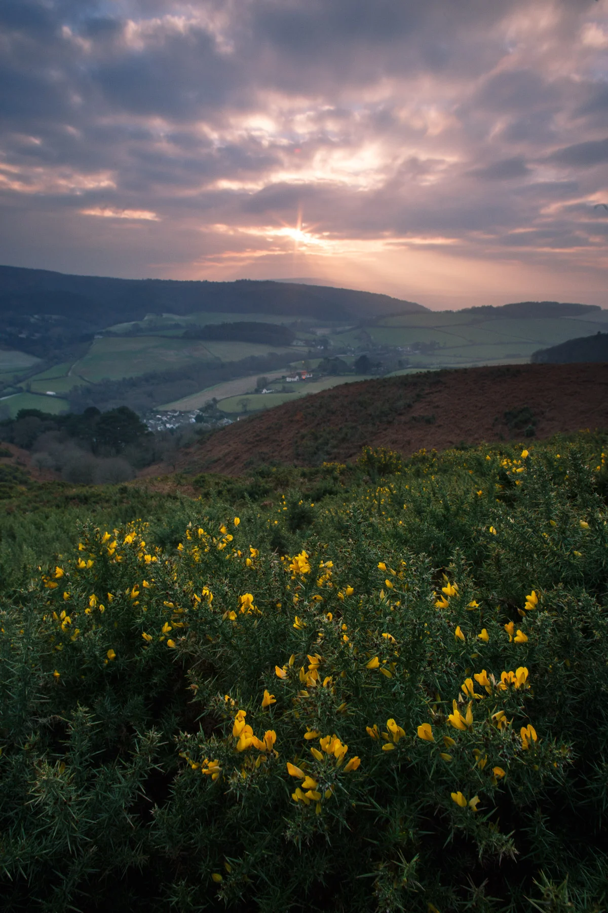 Dramatic sunset over the hills at Minehead, UK