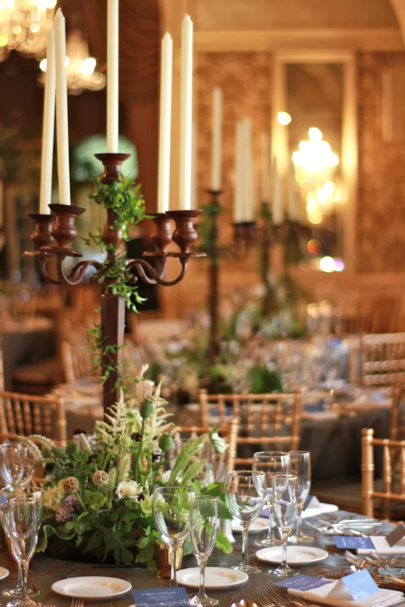 Centerpiece with pitcher plants, astilbe, fern, poppy, white scabiosa + seedpods, veronica, and chocolate cosmos. 