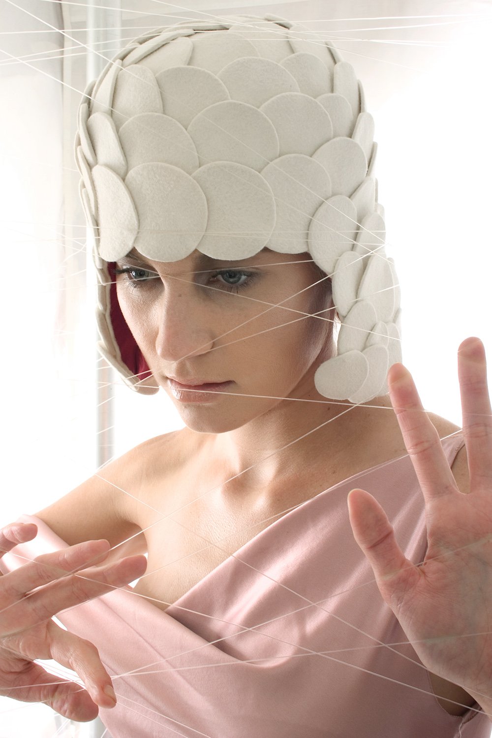 Molecular Mermaid Helmet in Cream Fur Felt by Jasmin Zorlu, photo by Kirsten Brynne Costello, 2008