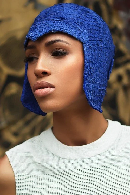 Cobalt Fish Leather Helmet by Jasmin Zorlu, photo by Dwayne Campbell