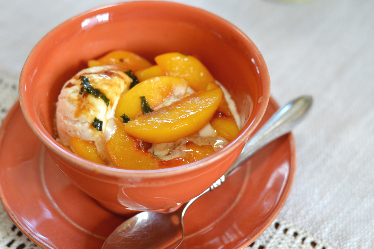 Sauteed Peaches with Brandy-Basil Drizzle