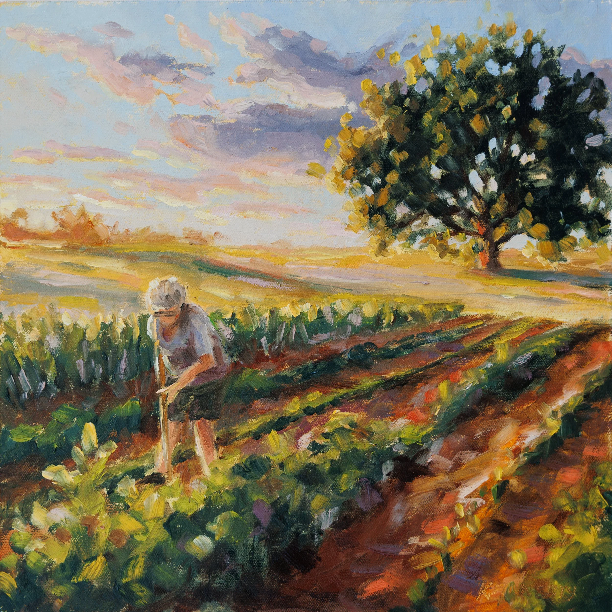 Impressionist Oil Painting Gardener at Sunset