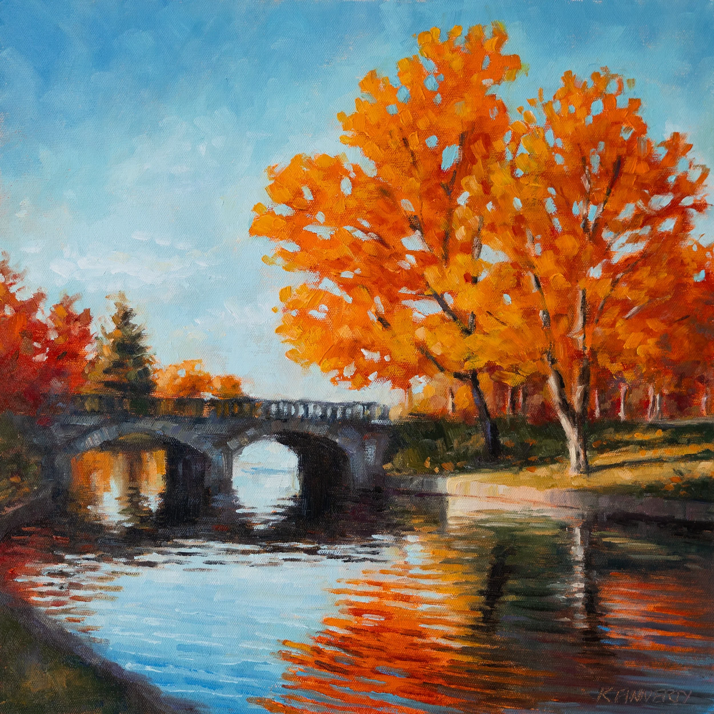 Impressionist Oil Painting of Bridge over Water In Autumn