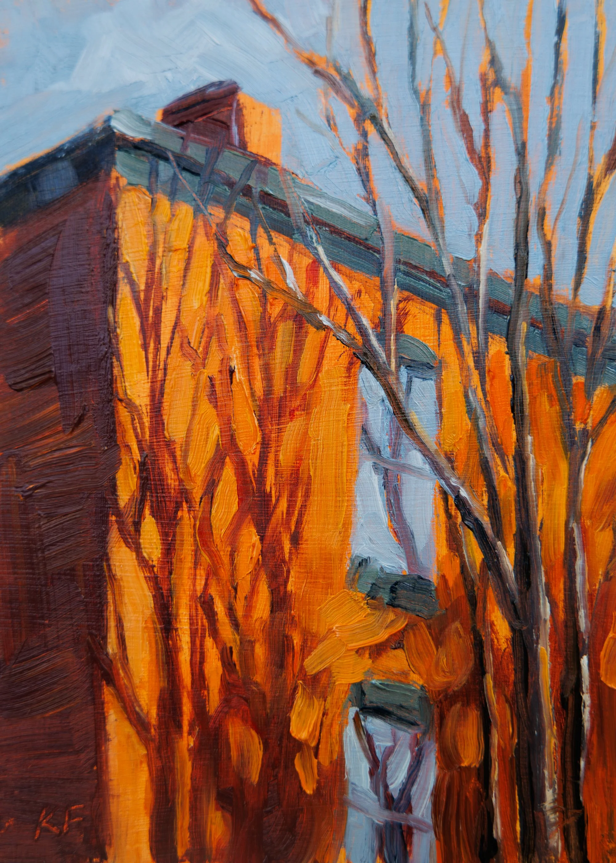 Impressionist Oil Painting of Sunlight Casting Tree Shadow on Building