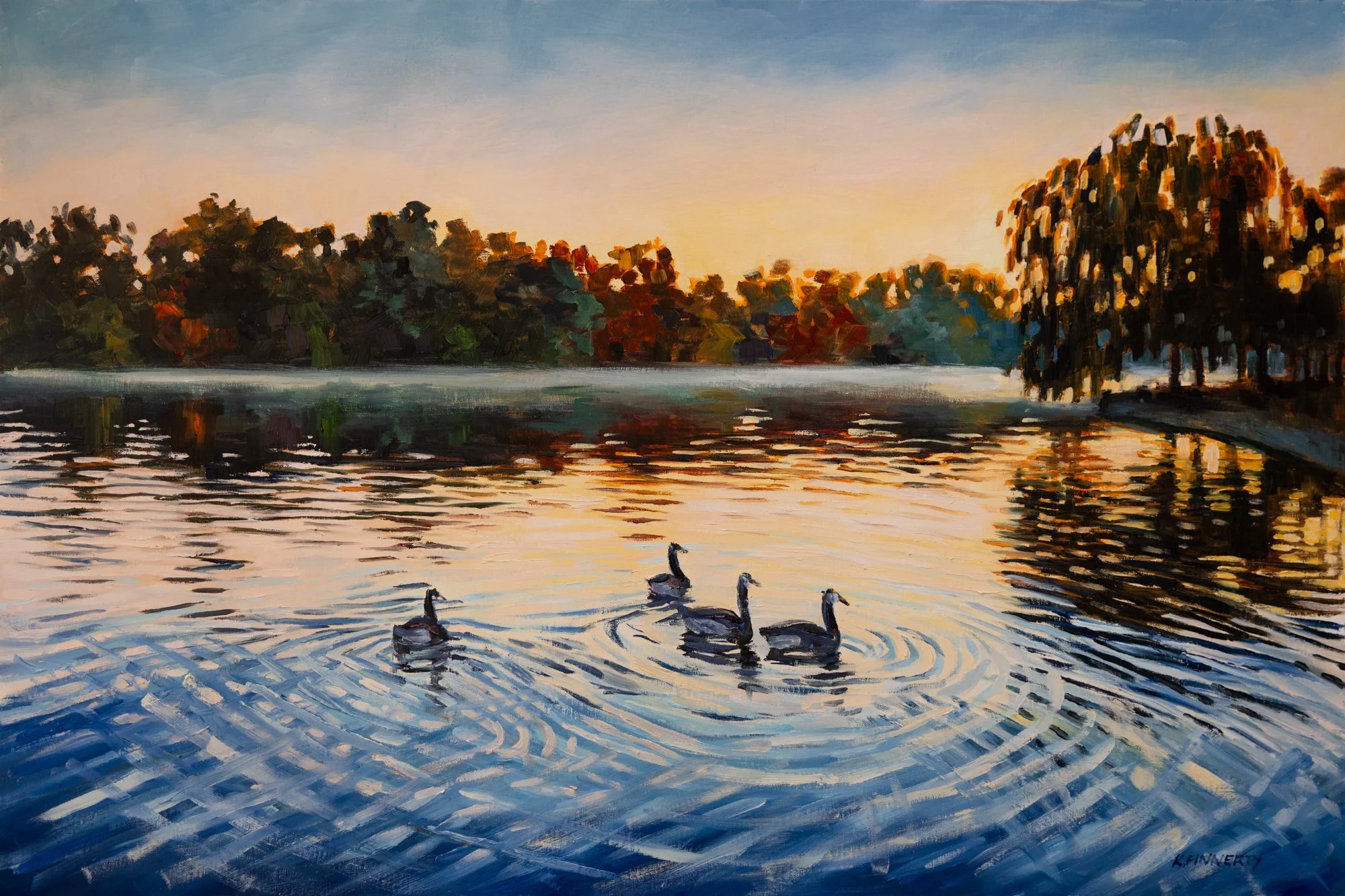 Impressionist Oil Painting of Ducks Swimming at Sunrise Buffalo Hoyt Lake