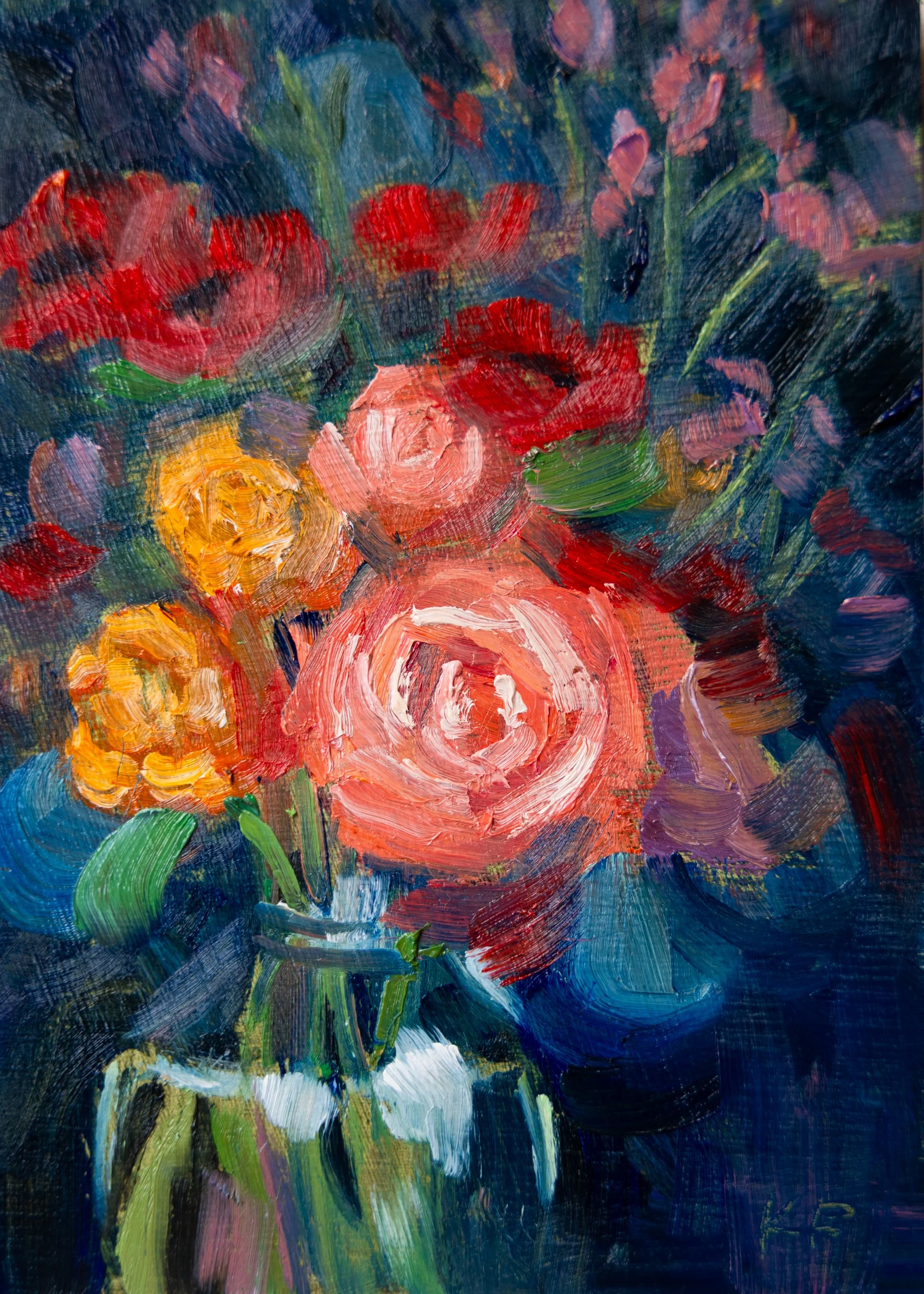 Impressionist Oil Painting of Flowers in Vase
