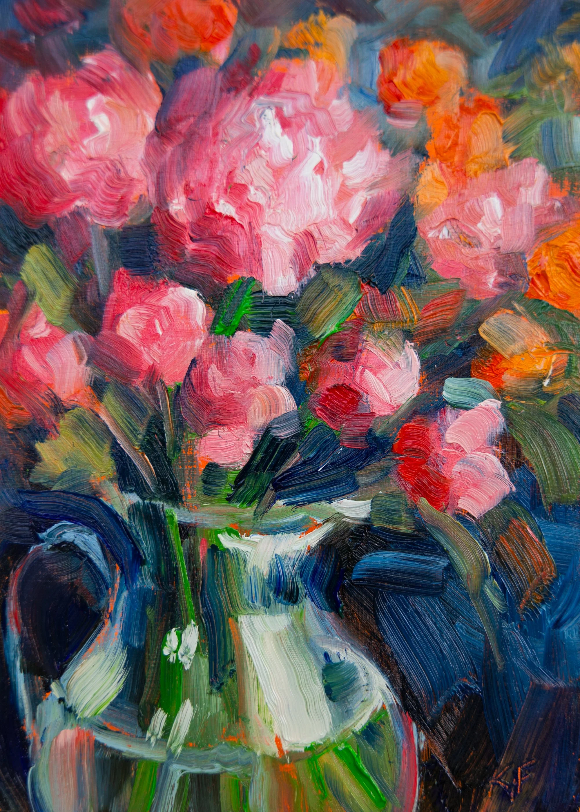 Impressionist Oil Painting of Flowers in Vase