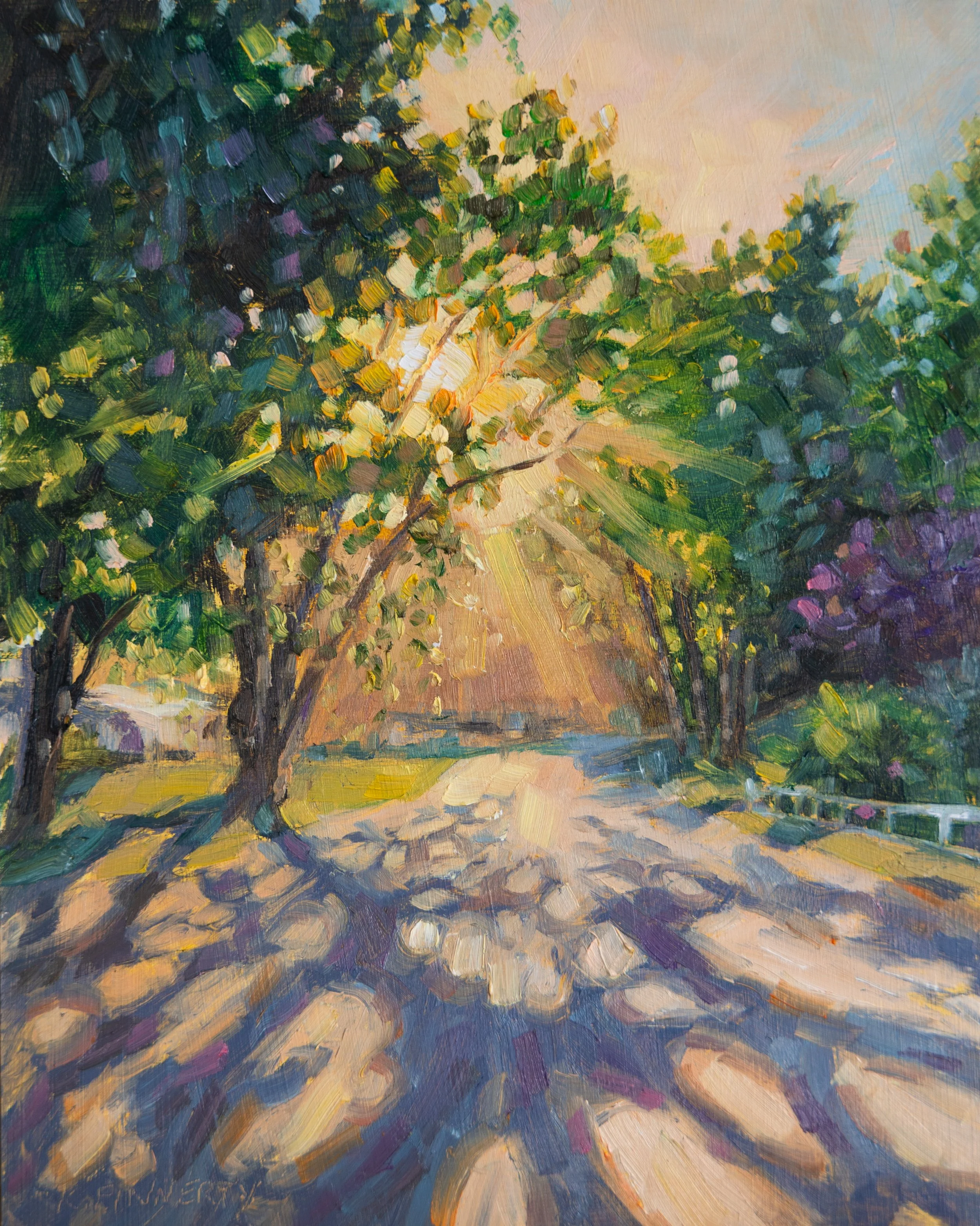 Impressionist Oil Painting of Sunrise on Suburban Street