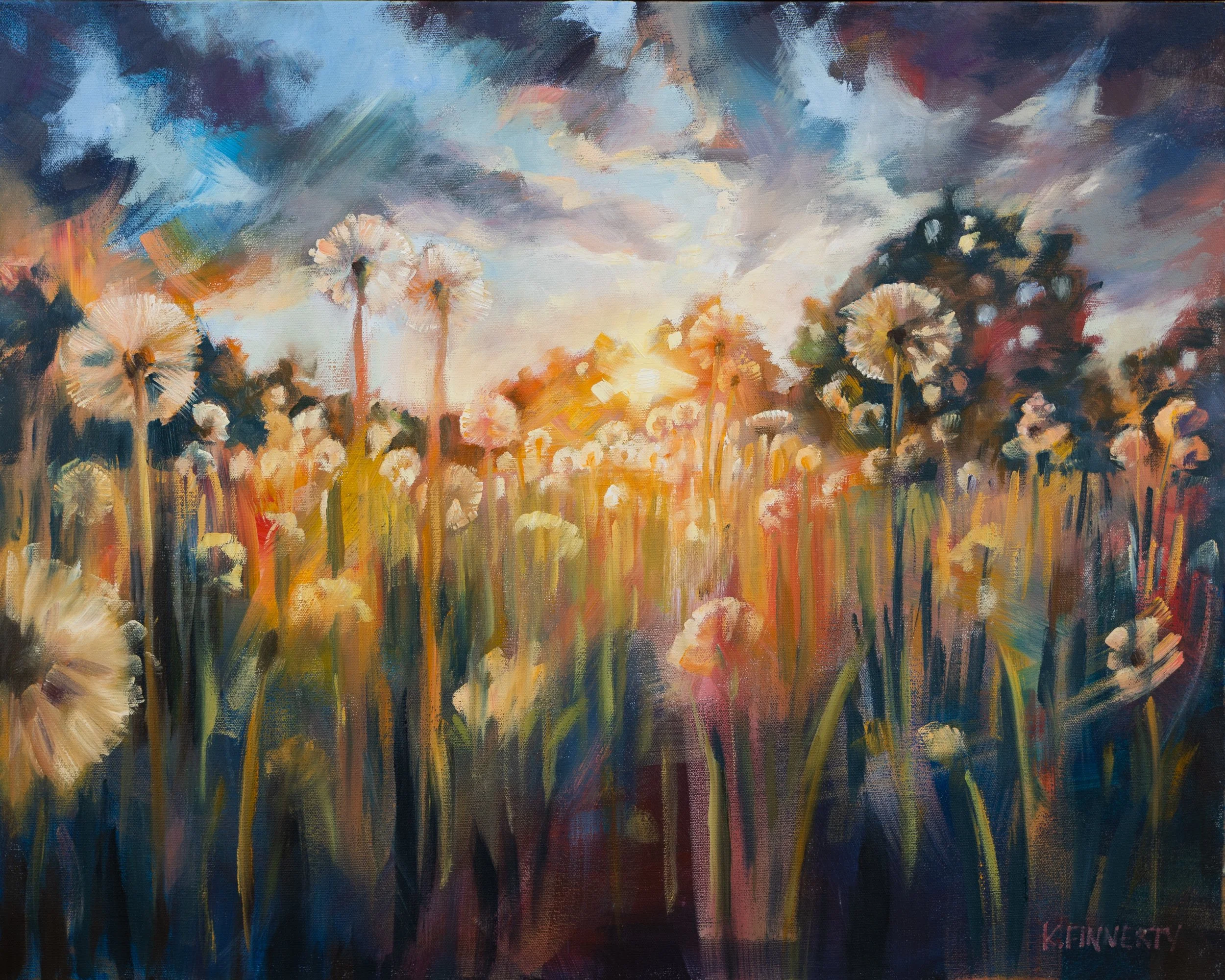Original Oil Painting of Whimsical Dandelions Backlit at Sunrise