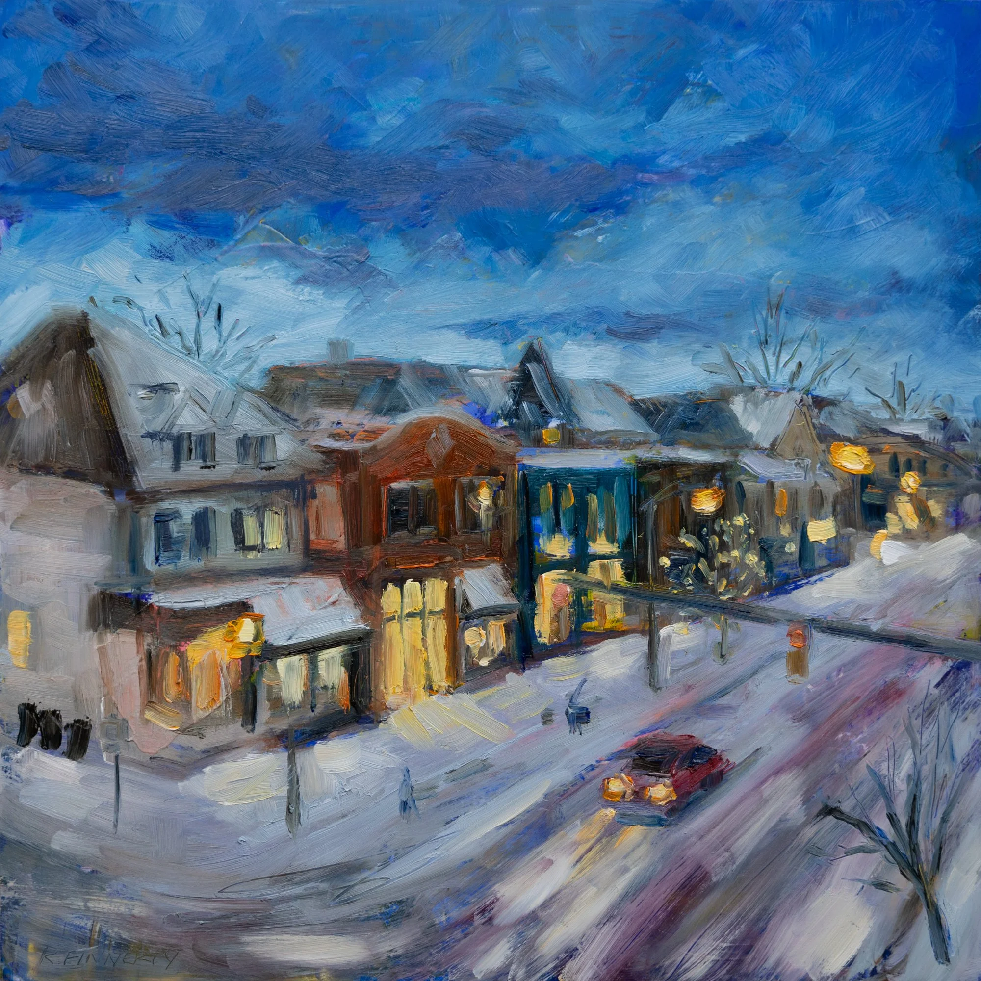 Impressionist Oil Painting of Winter on Elmwood Ave Buffalo
