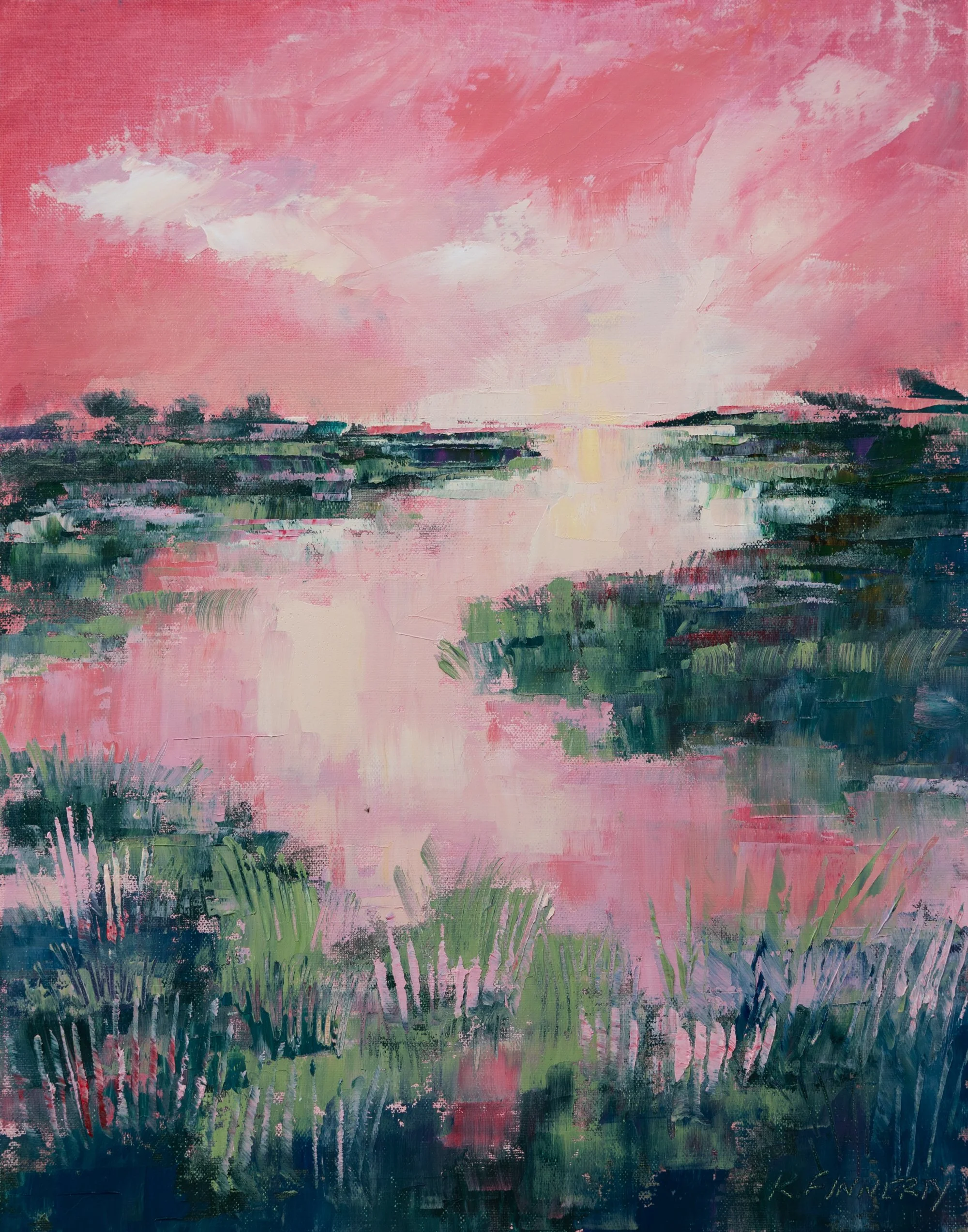 Abstract Impressionist Meadow Marsh with Pink Sky Oil Painting