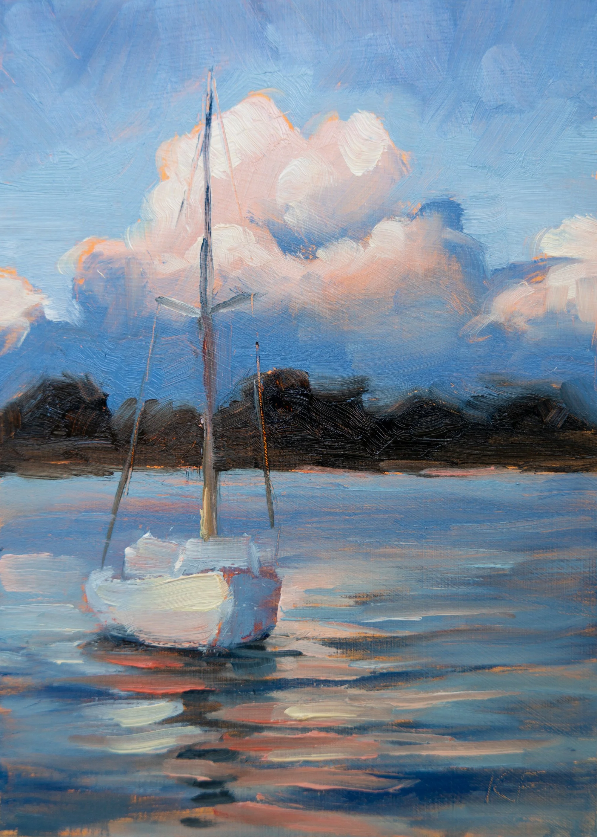 Impressionist Oil Painting of Boat on Lake at Sunset