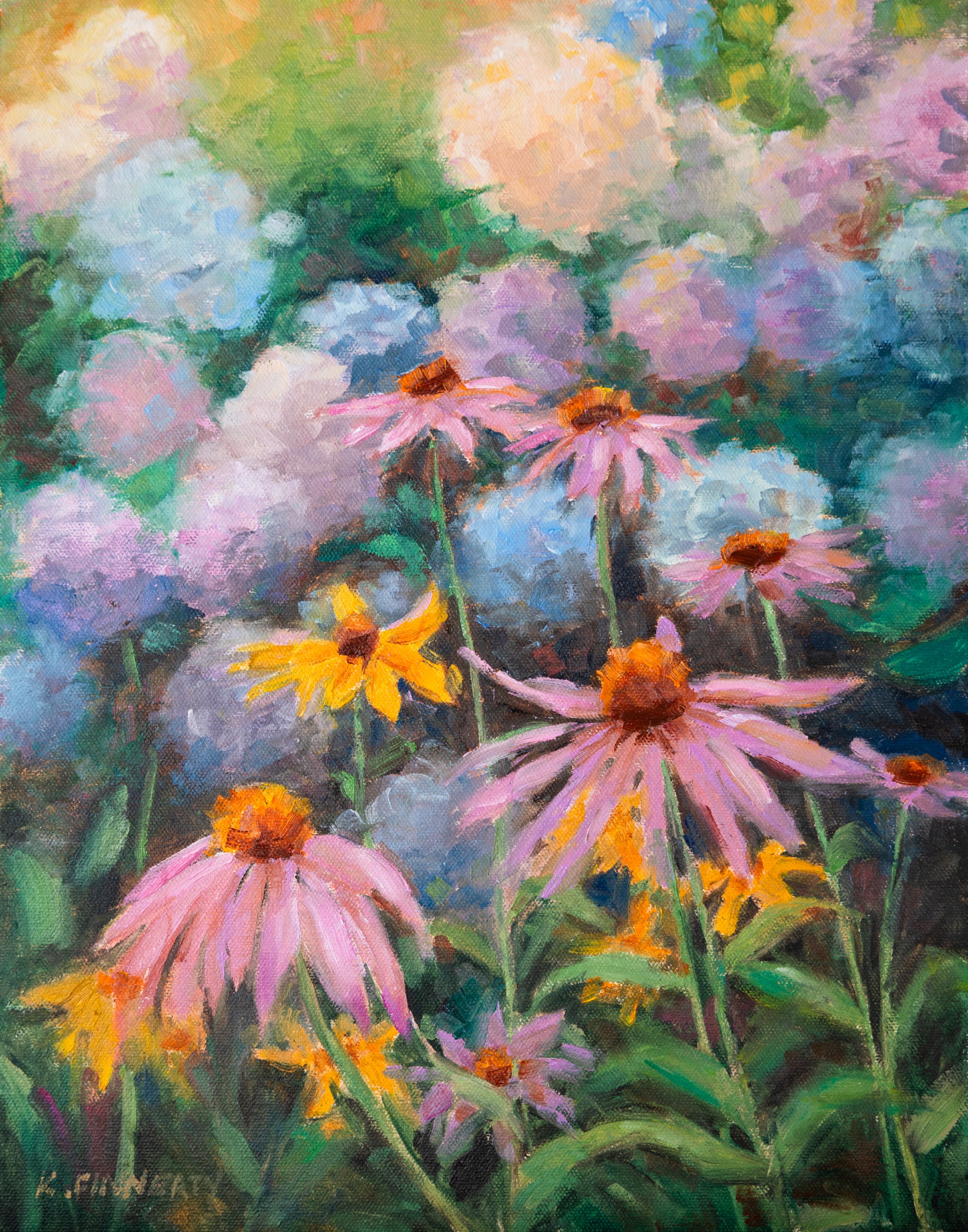 Impressionist Oil Painting Garden Hydrangeas and Coneflowers
