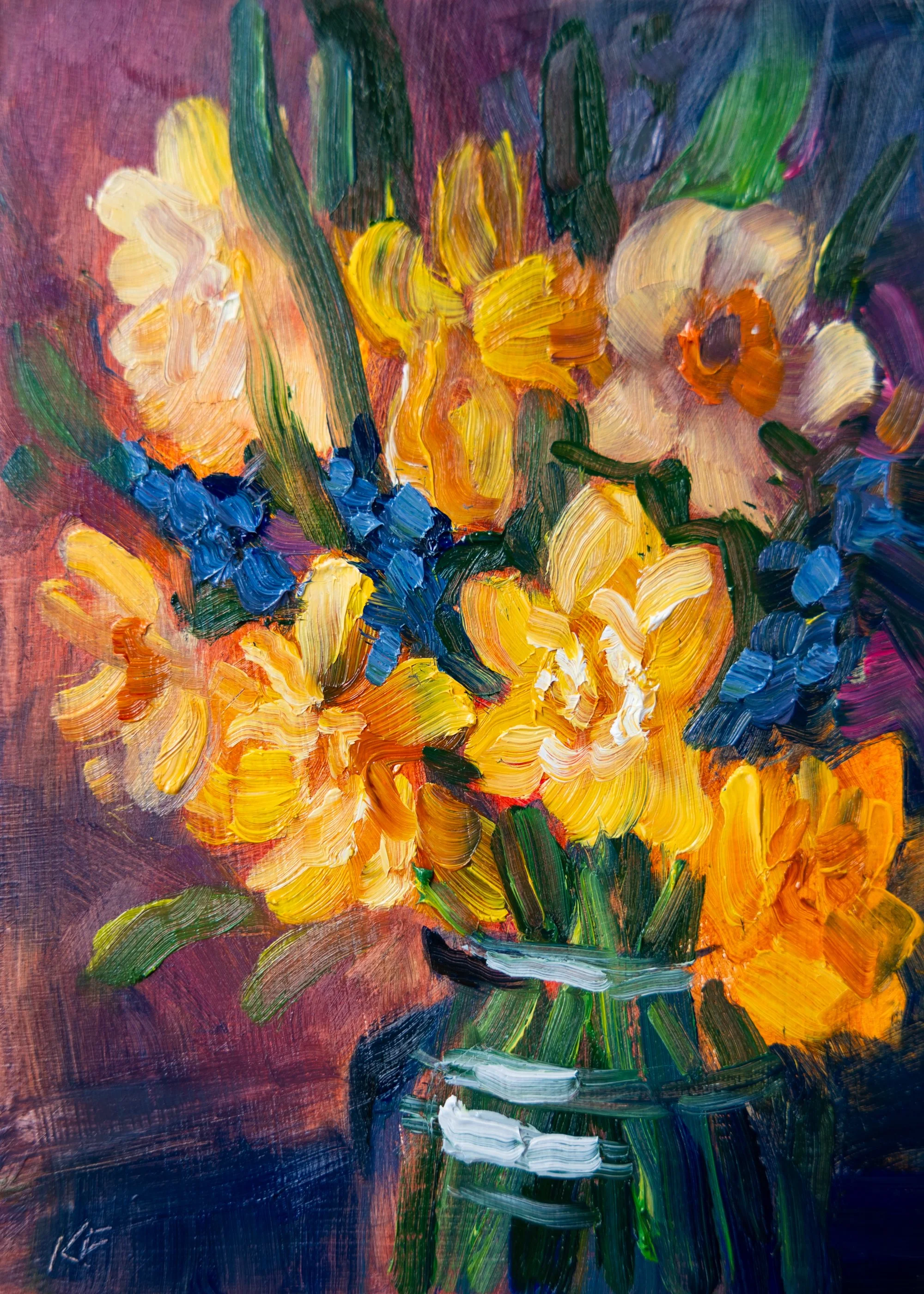 Impressionist Oil Painting of Bouquet of Daffodils
