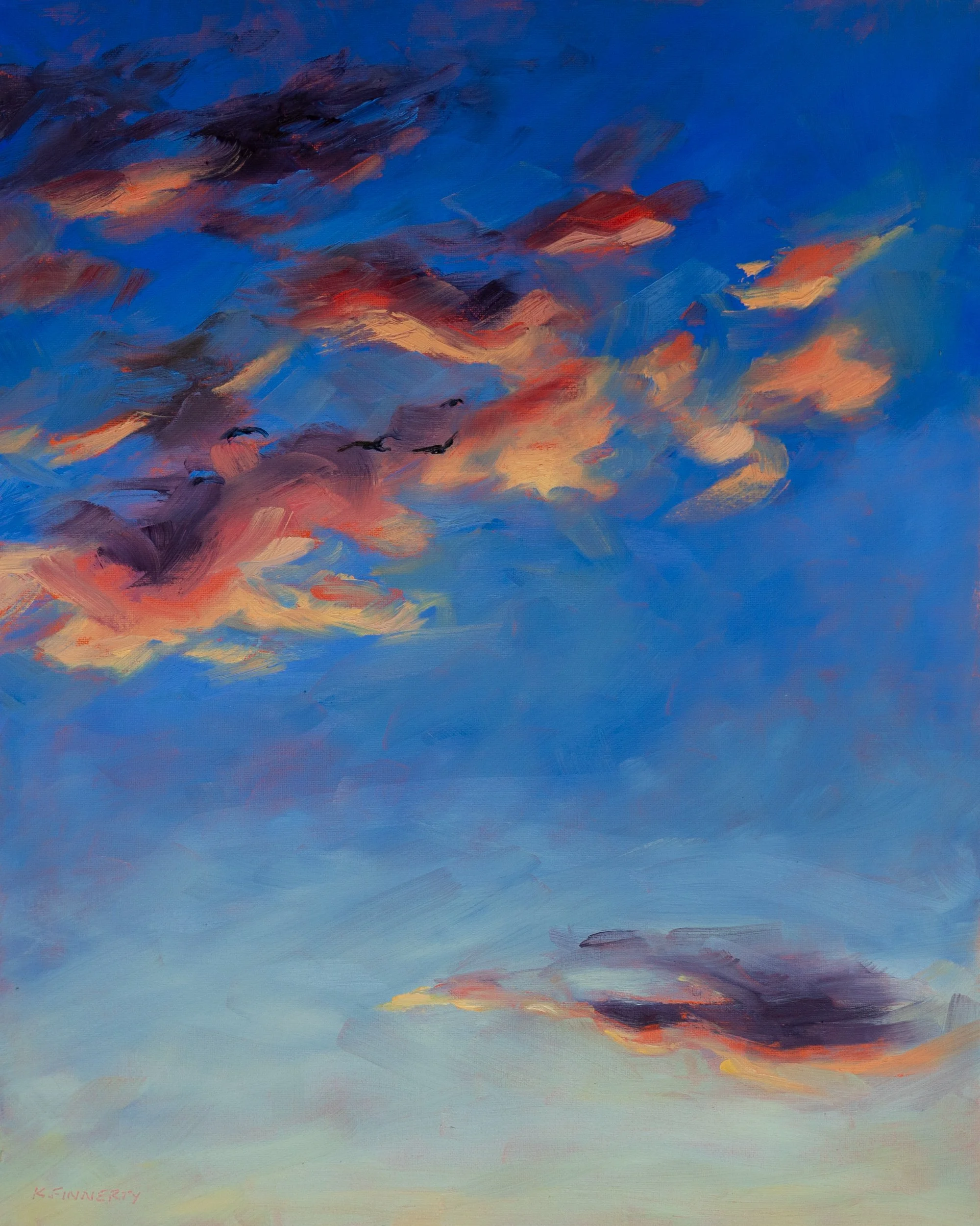 Impressionist Oil Painting of Birds and Cotton Candy Clouds