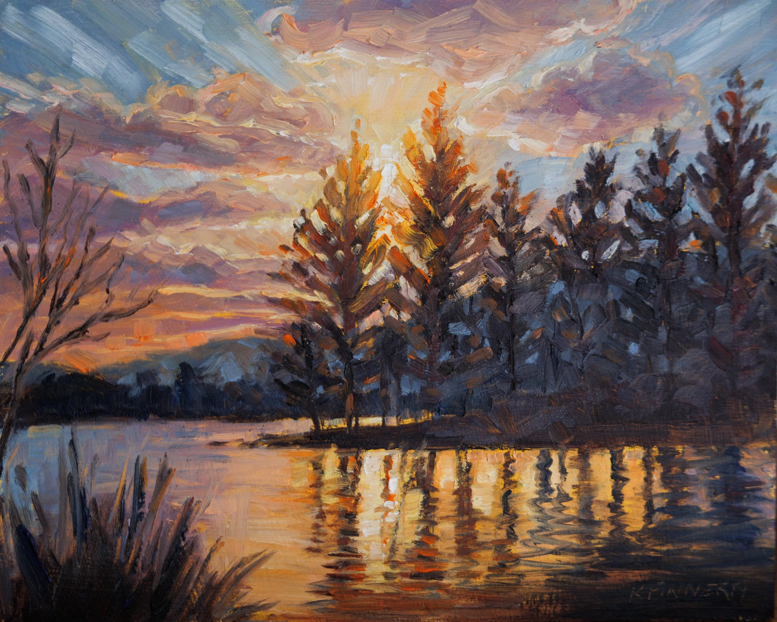 impressionist oil painting sunset lake reflections
