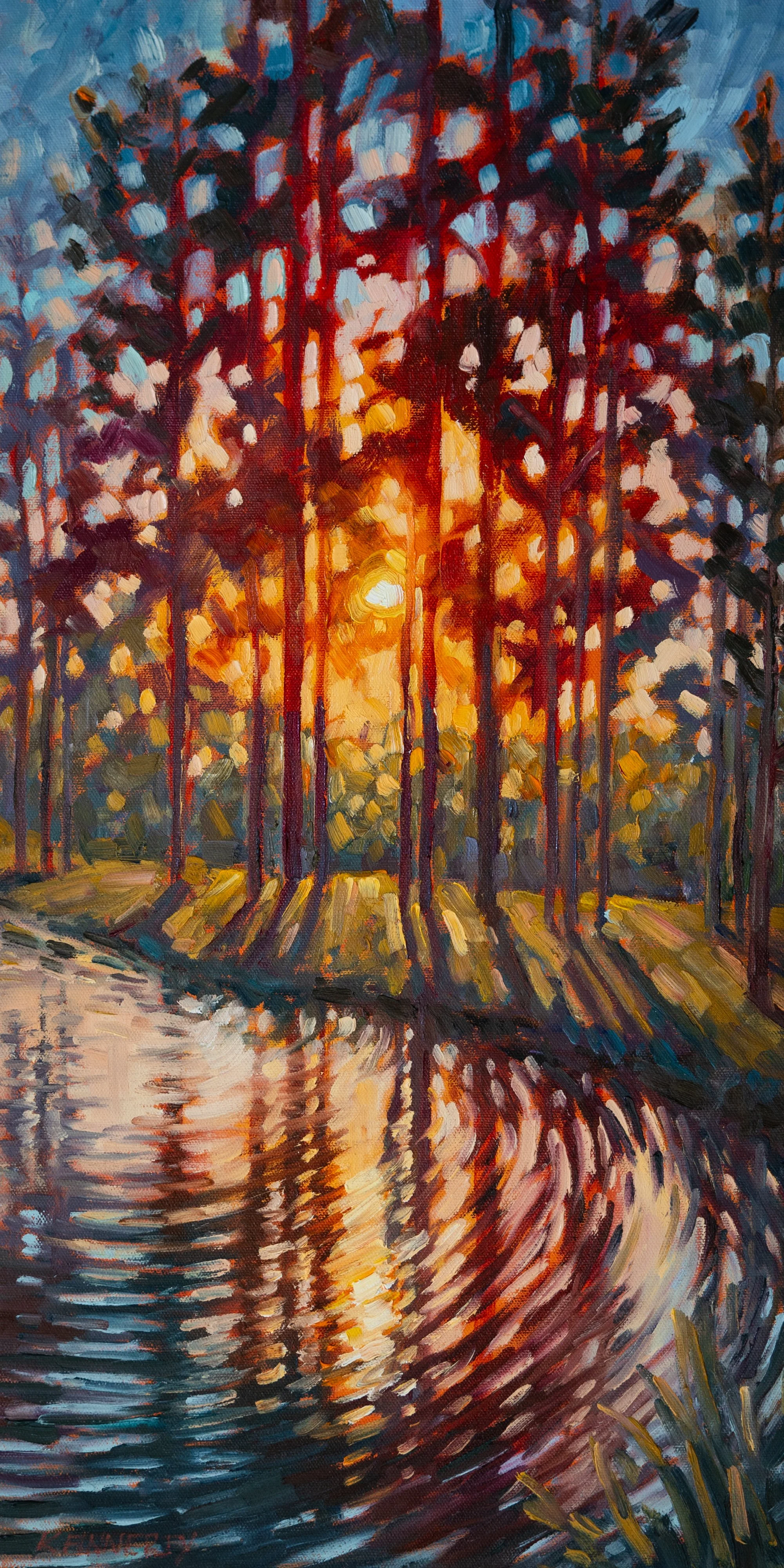 Original Oil Painting of Trees Reflected in Water at Sunset