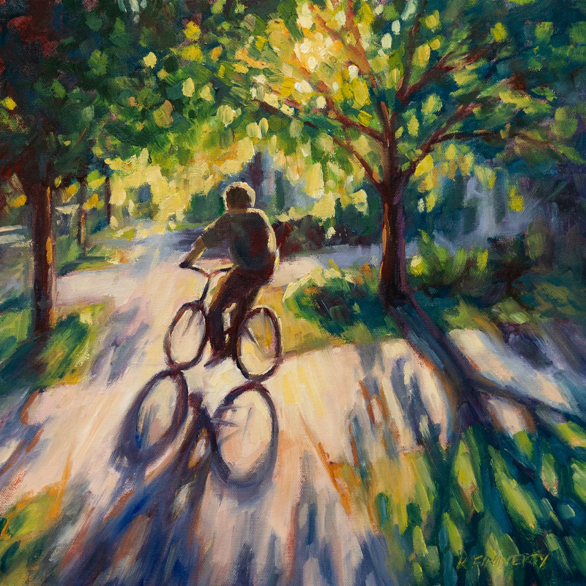 Impressionist Oil Painting of Bike Rider Golden Hour