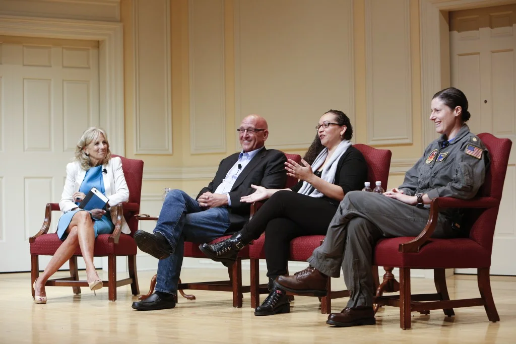 Library of Congress Annual Jonah Solkoff Eskin Memorial program held in May, 2016. From left to right: Dr. Jill Biden, author Michael Grant, US Army Captain Rebecca Murga, and US Navy TOPGUN pilot Lt. Cmdr. Kristen "Dragon" Hansen.