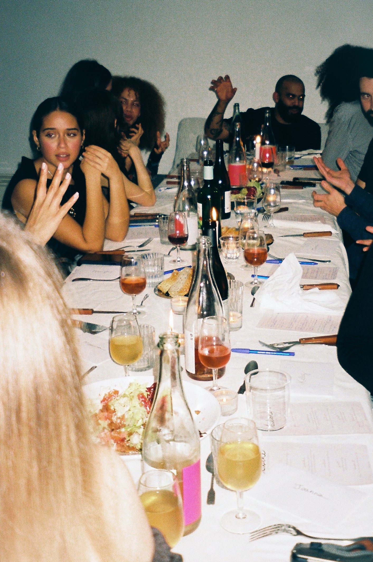 People sitting at a long dinner table with plates, wine glasses, and bottles, engaging in conversation during a social gathering.