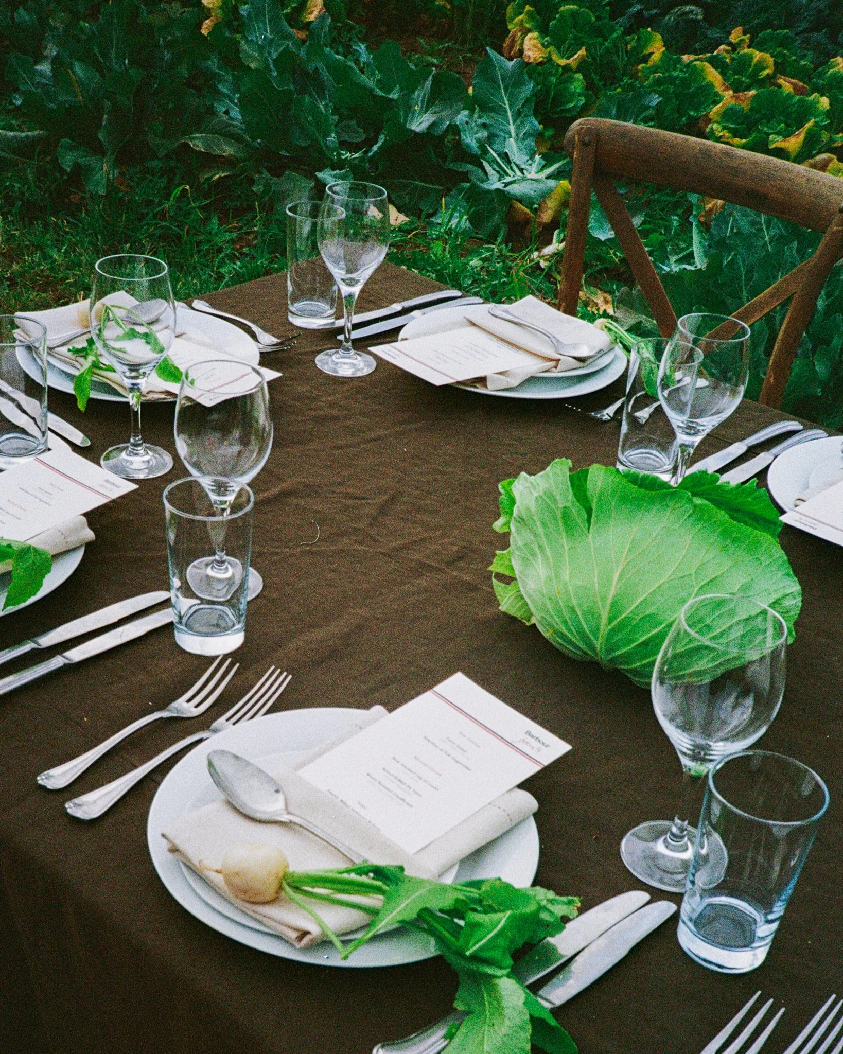 A formal outdoor table setting with white plates, silverware, wine glasses, water glasses, and menus on a dark tablecloth, decorated with large green leaves and surrounded by greenery.