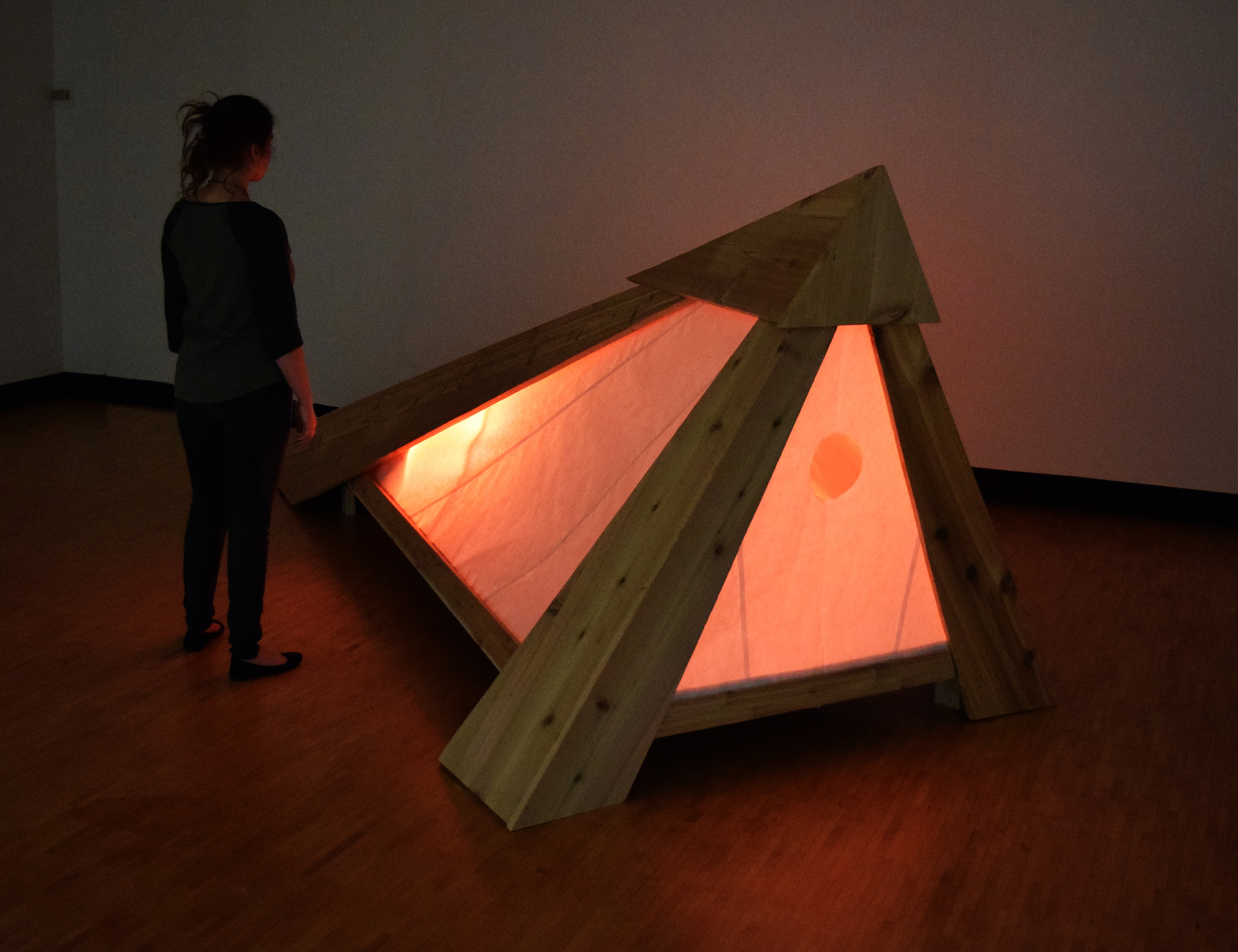 Anchorhold, mixed media: cedar, plywood, kozo mulberry paper, led light cycle (fabricator CJ Boyle