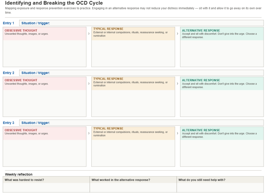 Identifying and Breaking the OCD Cycle Worksheet with Obsessive Thought Typical Response and Alternative Response