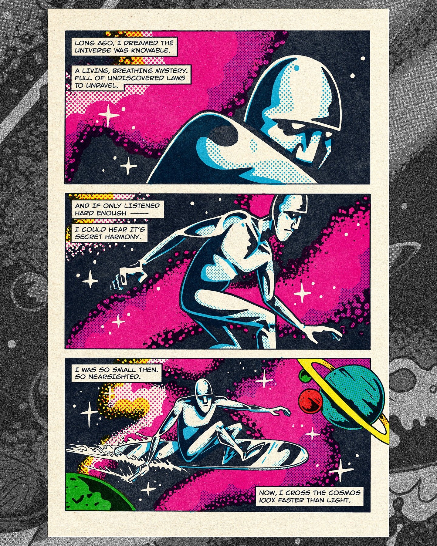 That time @metropotamia and I made a short comic of the Silver Surfer waxing poetic about the futility and the inherent beauty of existence. It's all a bit silly, innit?

You can view this comic larger in my Story Highlights btw

#AdamHansonCo #AHCOi