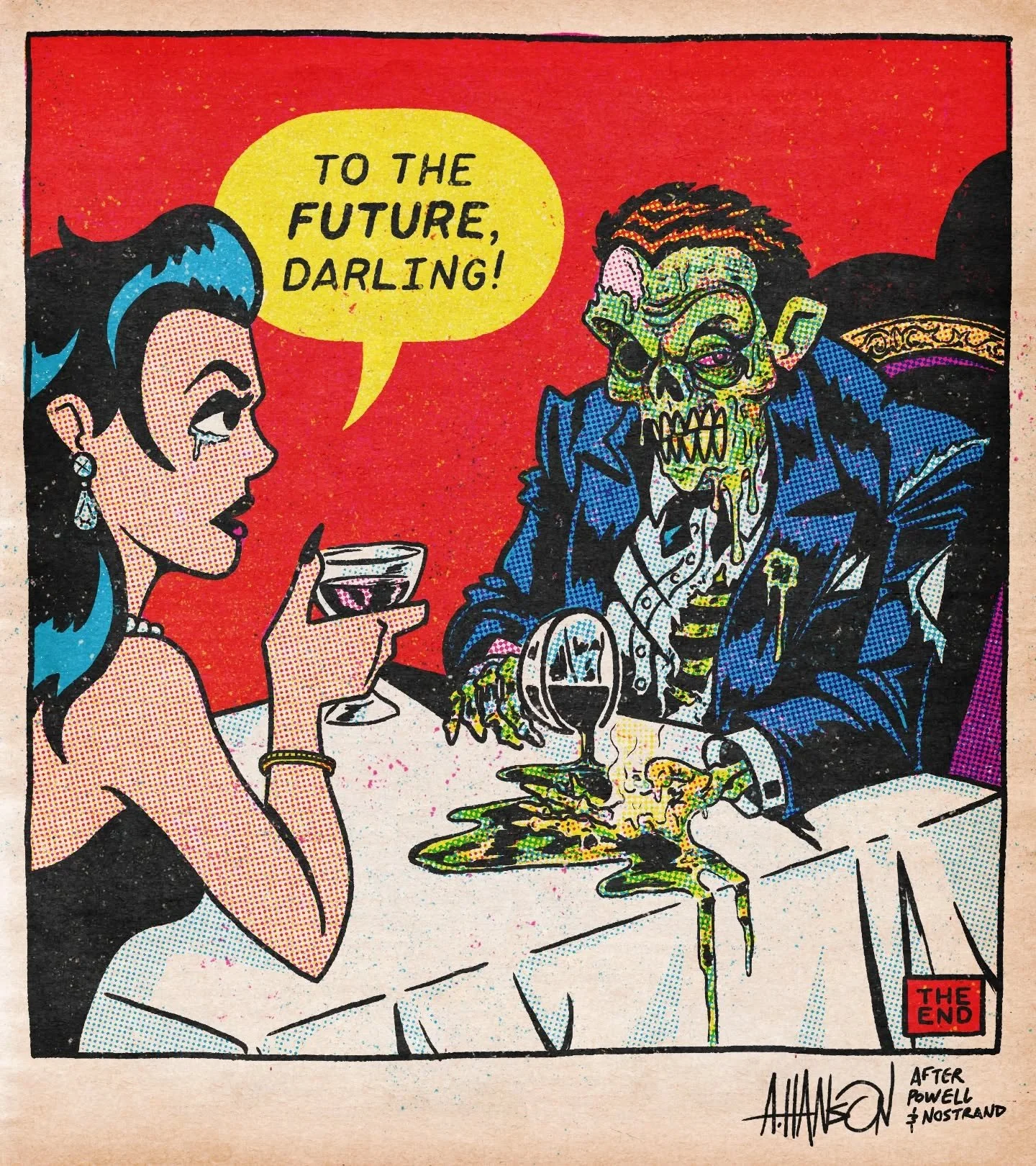 Must've been something he ate! 💀
I was recently gifted a stack of pre-code horror comic reproductions which are all filled to the brim with iconic and gruesome artwork. So, wanted to try my hand at recreating this final panel from an issue of Chambe