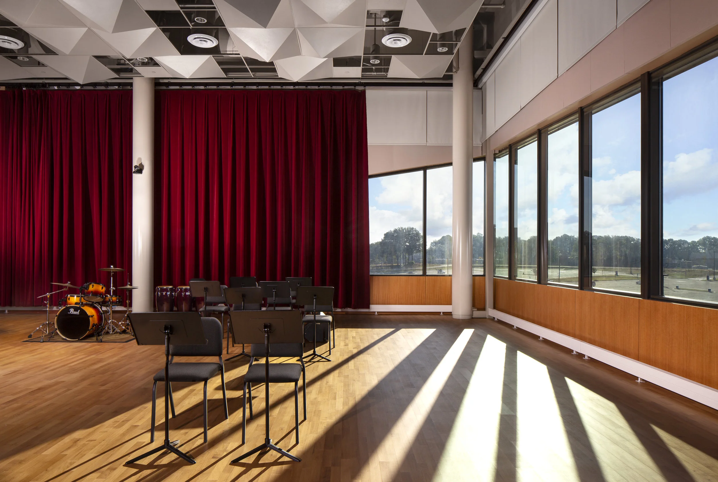 Prince George’s Community College, Performing Arts Center in Largo, MD. Architectural photograph of academic spaces and theater spaces. Melissa Newman.