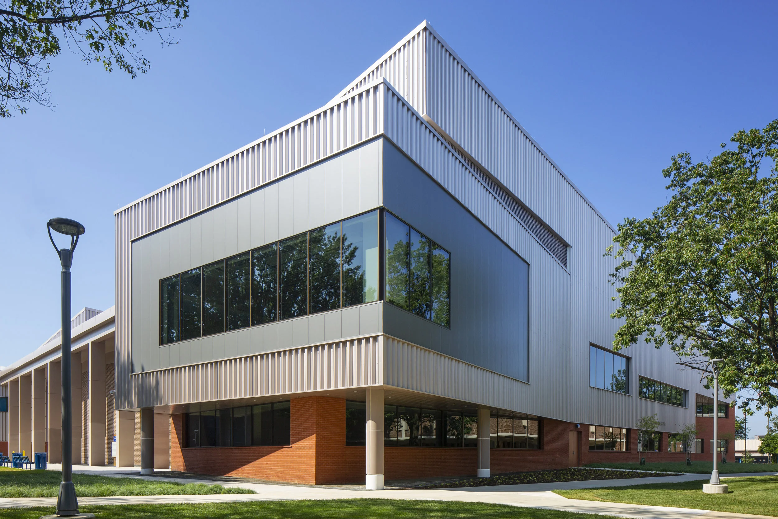Prince George’s Community College, Performing Arts Center in Largo, MD. Architectural exterior photograph of academic spaces. Melissa Newman.