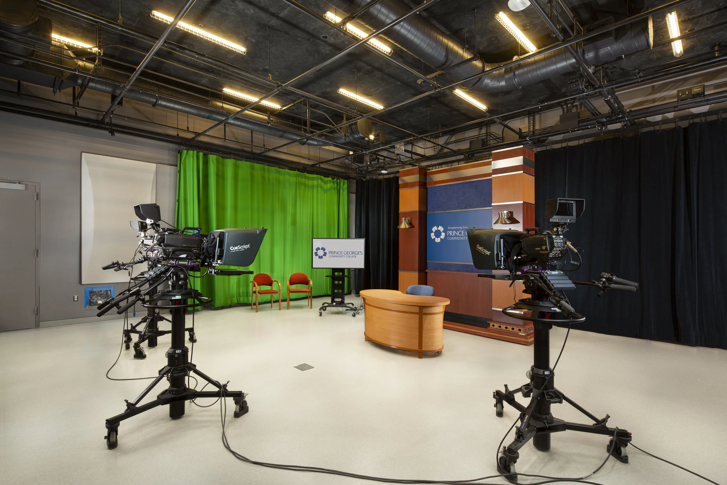 Prince George’s Community College, Performing Arts Center in Largo, MD. Architectural photograph of academic spaces and theater spaces. Broadcast studio at PGCC.