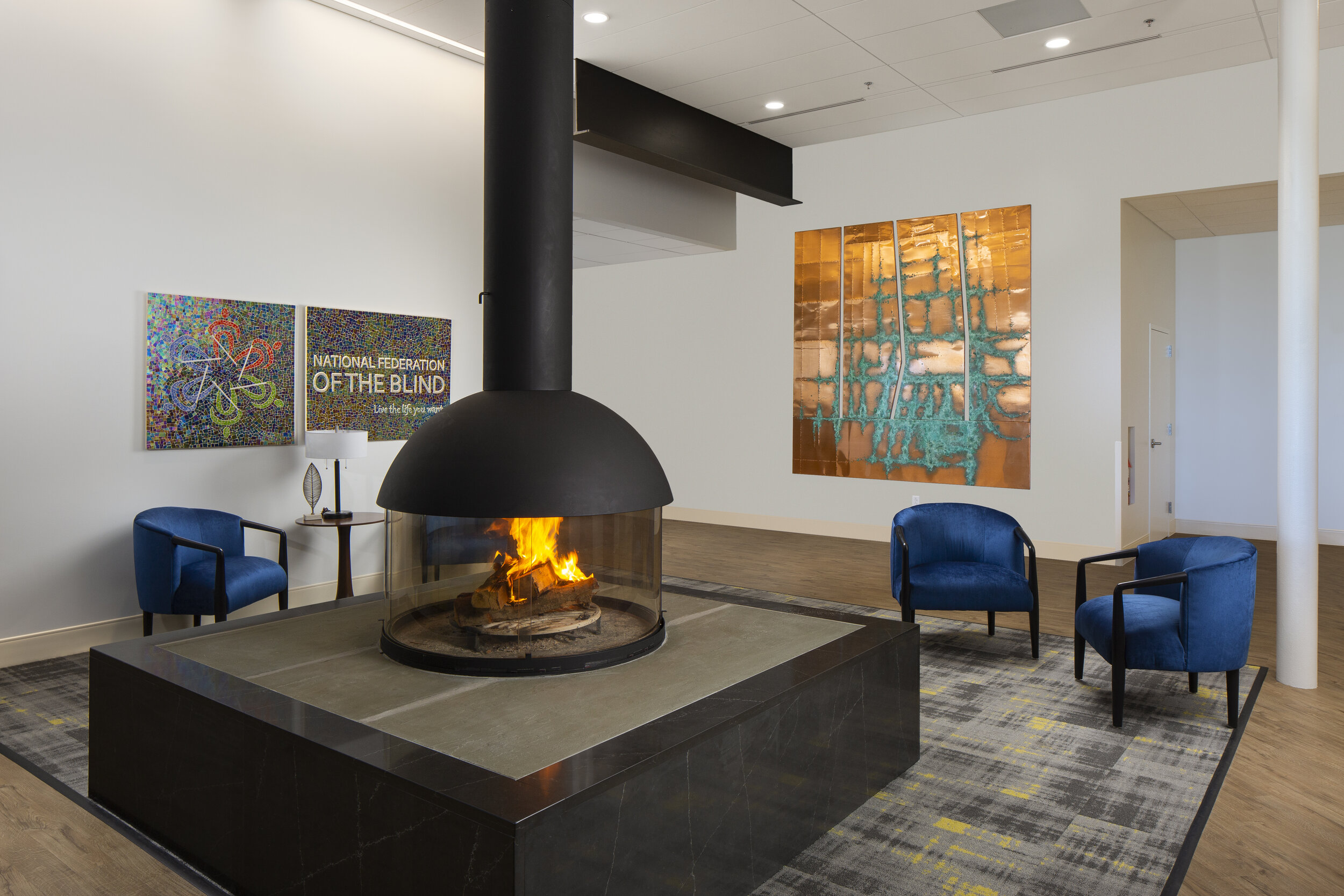 National Federation of the Blind. Architectural photography of a cozy fireplace in downtown Baltimore, Maryland.