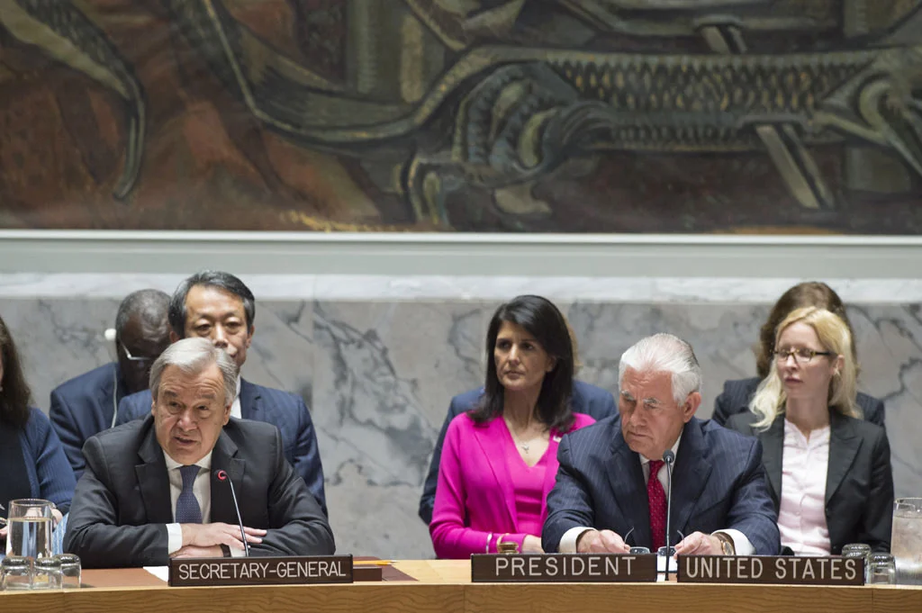 UN Secretary-General Antonio Guterres and US Secretary of State Rex Tillerson at the UNSC meeting on 28 April. UN Photo/Eskinder Debebe
