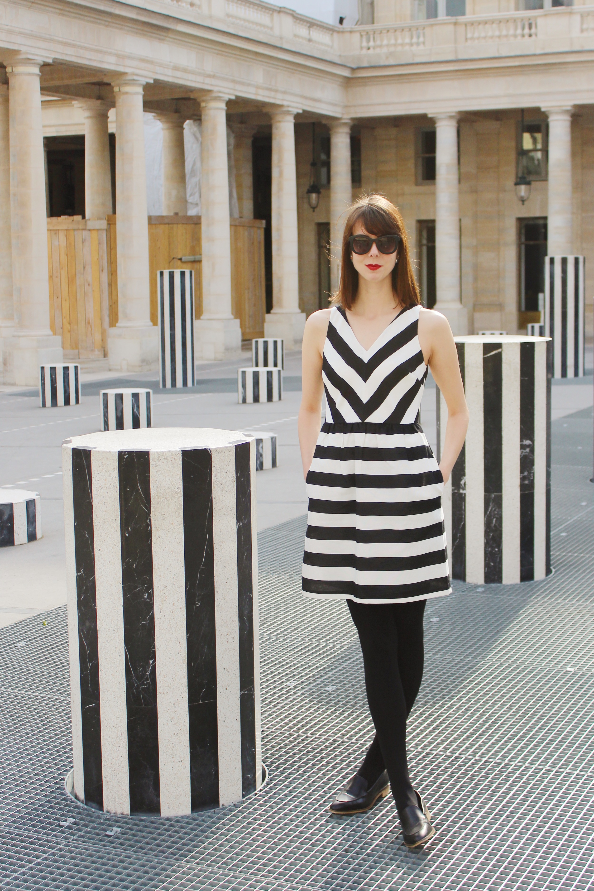Stripes on Stripes - Wearing a Loft dress and Everlane loafers at the Palais Royal in Paris | Sundays and Somedays