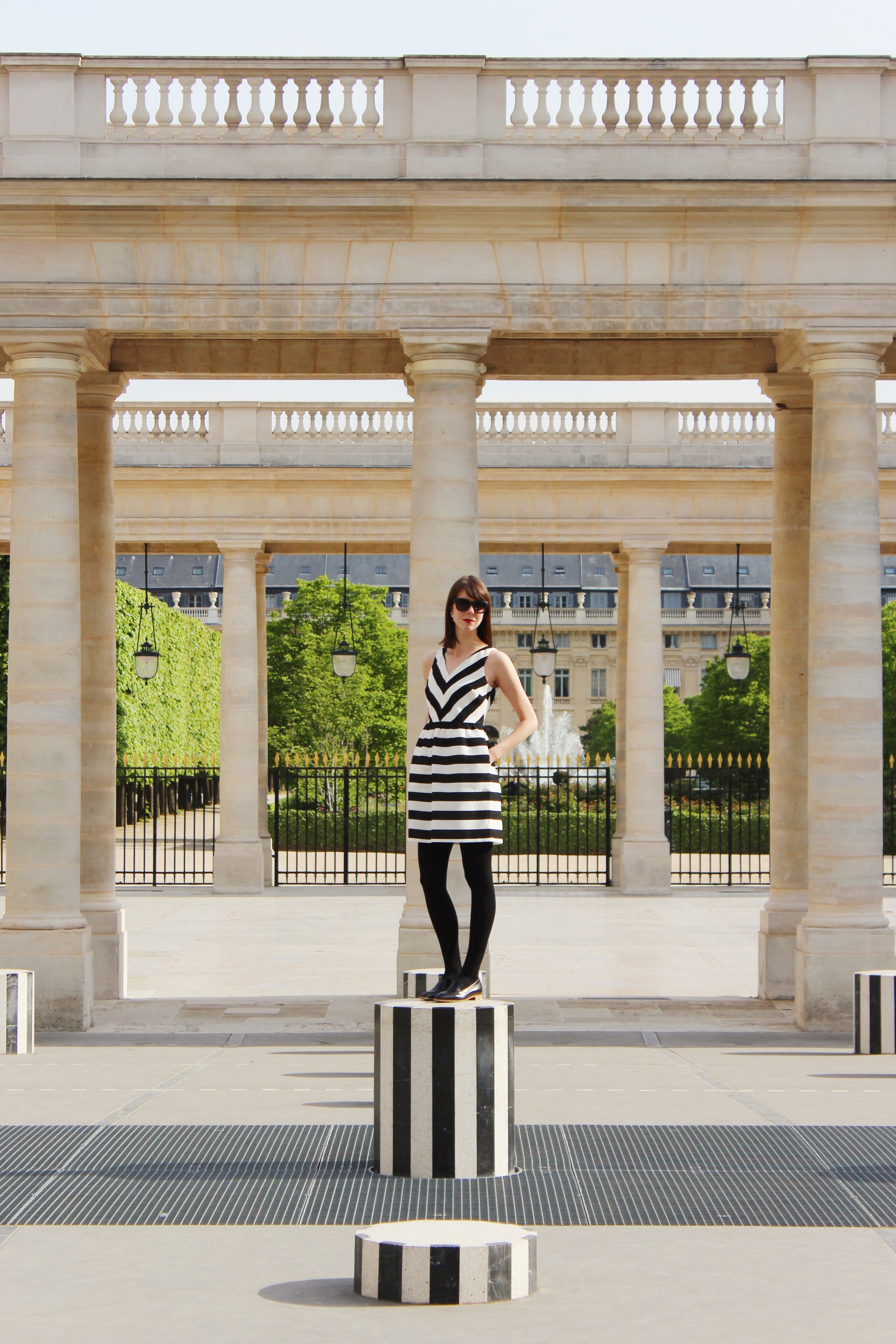 Stripes on Stripes - Wearing a Loft dress and Everlane loafers at the Palais Royal in Paris | Sundays and Somedays
