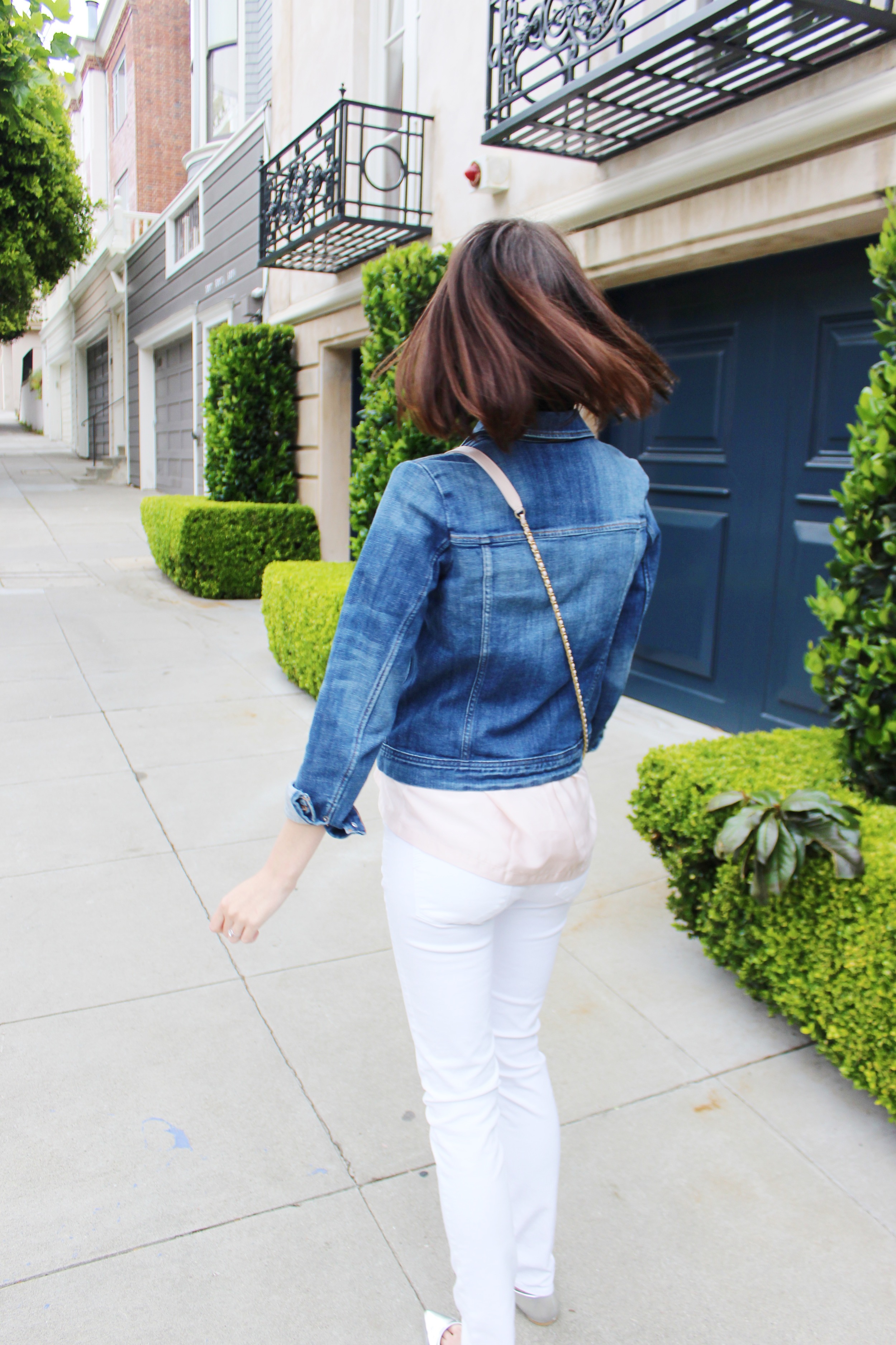 A Touch of Blush - White Jeans and Denim Jacket with a Blush Top | Sundays and Somedays