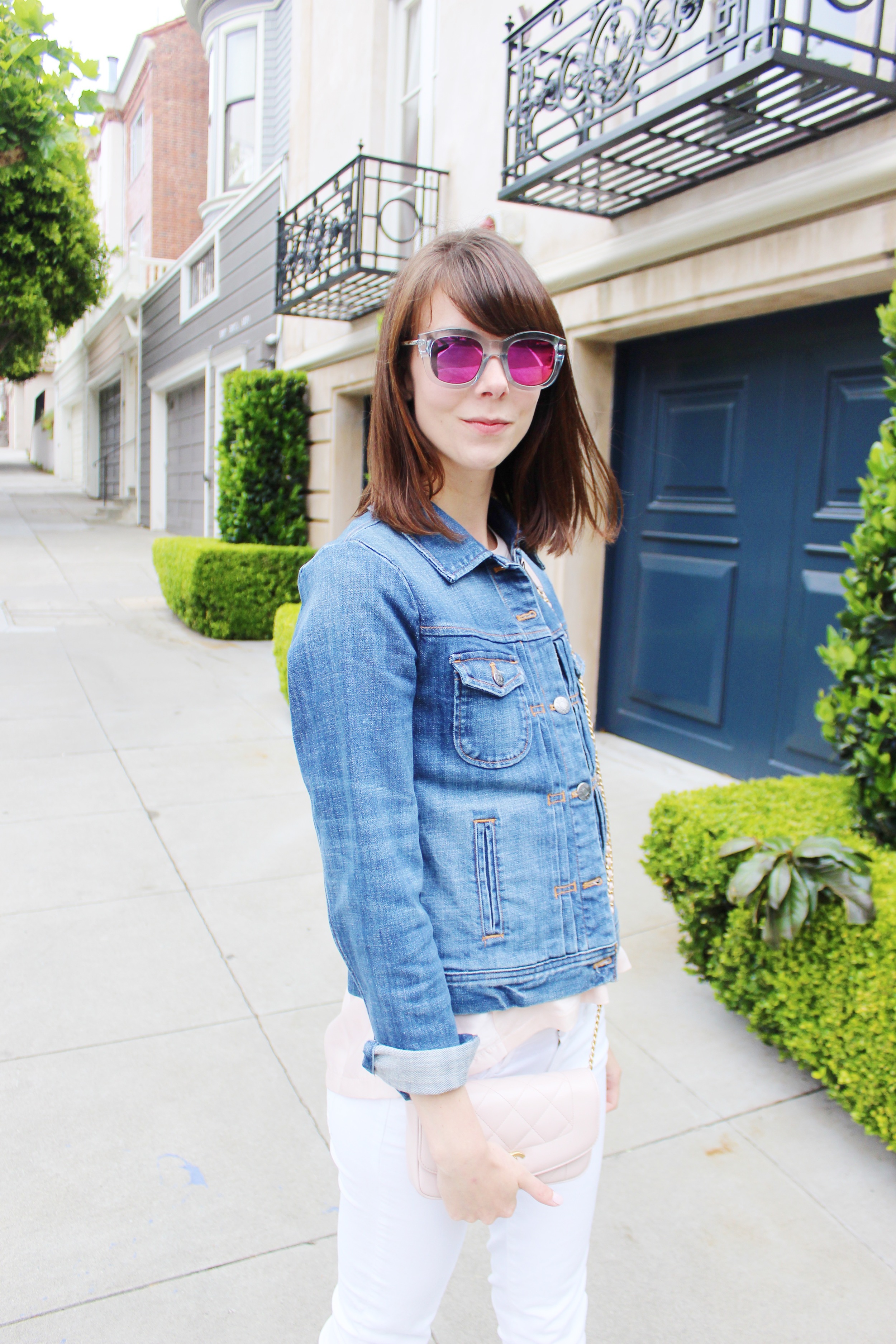 A Touch of Blush - White Jeans and Denim Jacket with a Blush Top | Sundays and Somedays