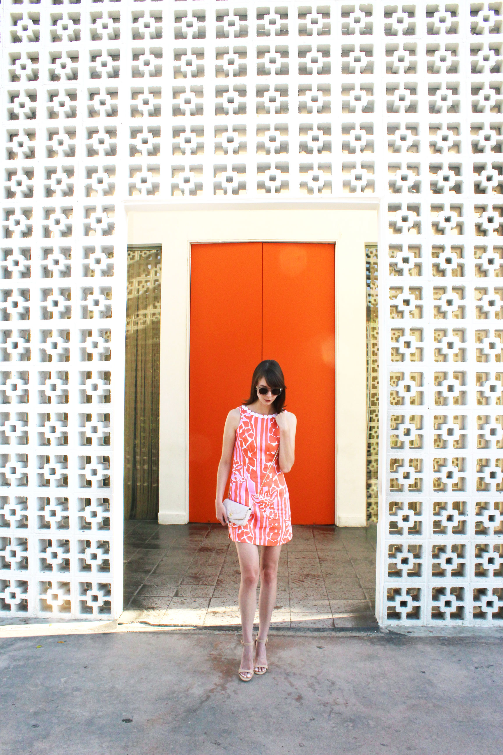 Orange you glad? Wearing the loveliest Lilly for Target giraffe print shift dress and a blush pink Chanel bag.