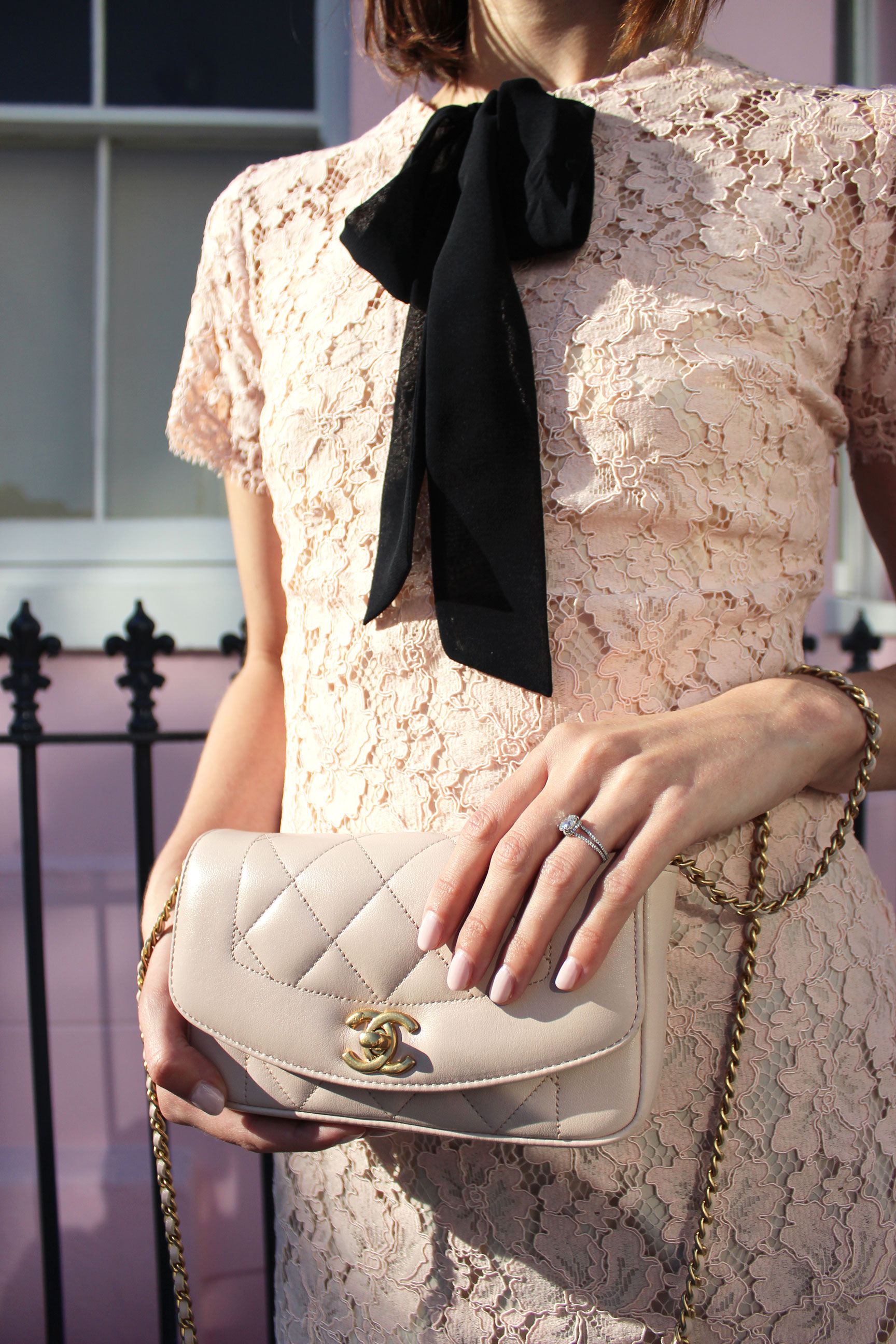 Blush pink quilted Chanel bag and Essie nail polish in Ballet Slippers