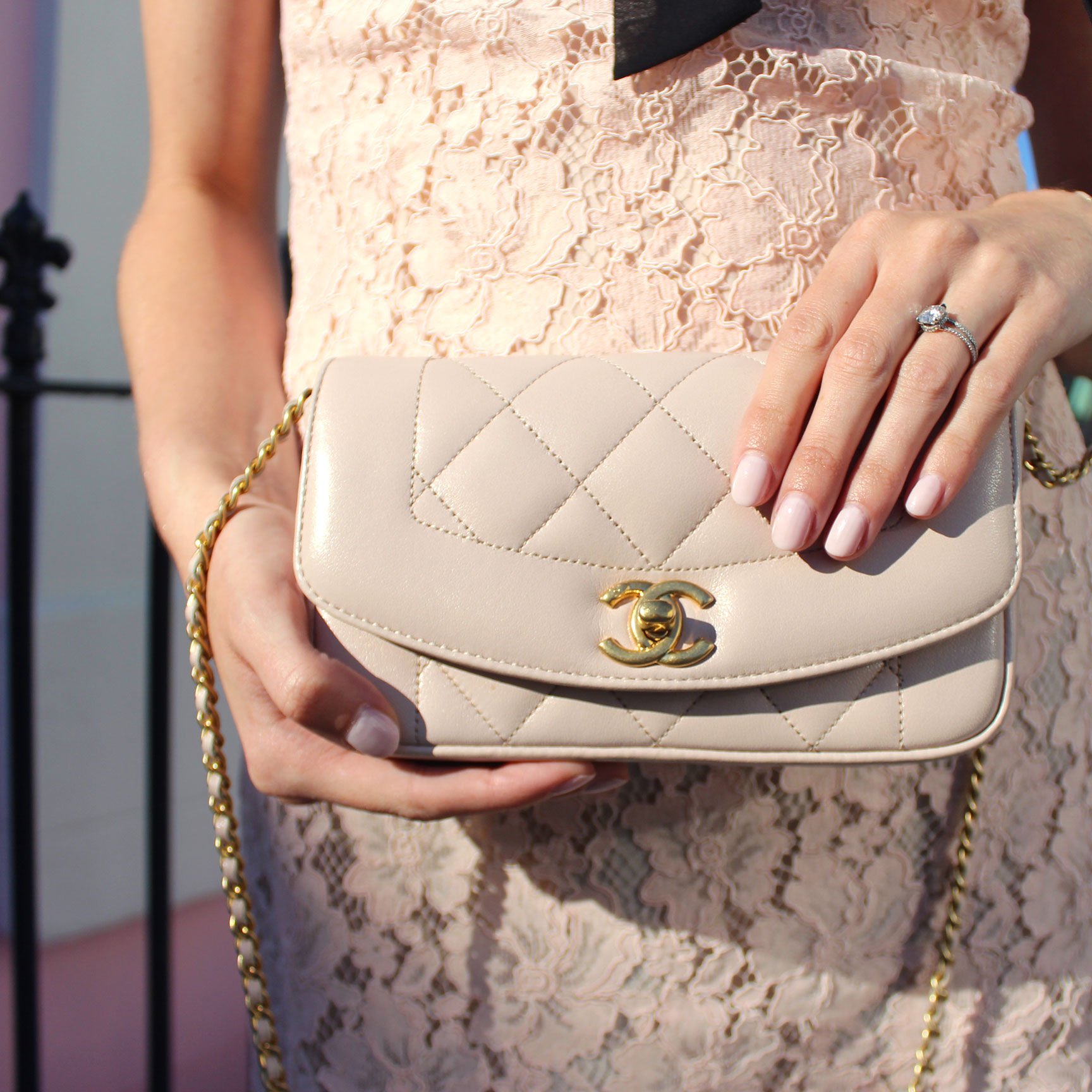 Blush pink quilted Chanel bag and Essie nail polish in Ballet Slippers