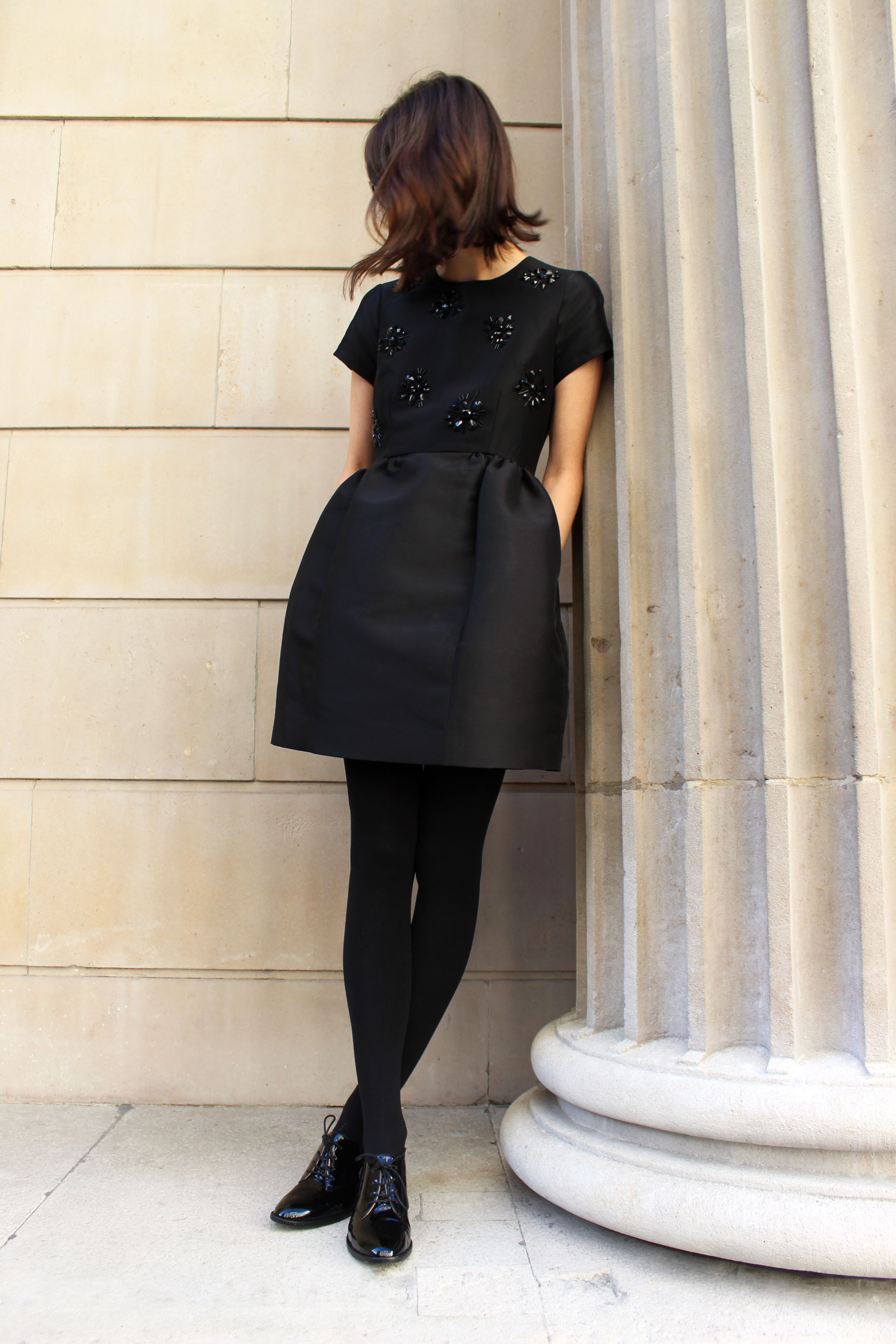 Kate Spade little black dress, paired with opaque tights and patent loafers.